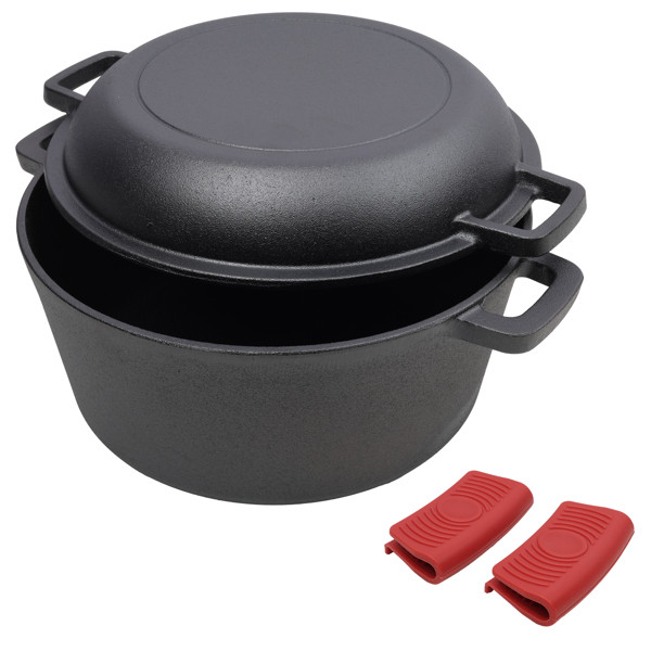 2 in 1 Cast Iron Stock Pot Dual Handles Multi Purpose Braiser with Griddle Lid
