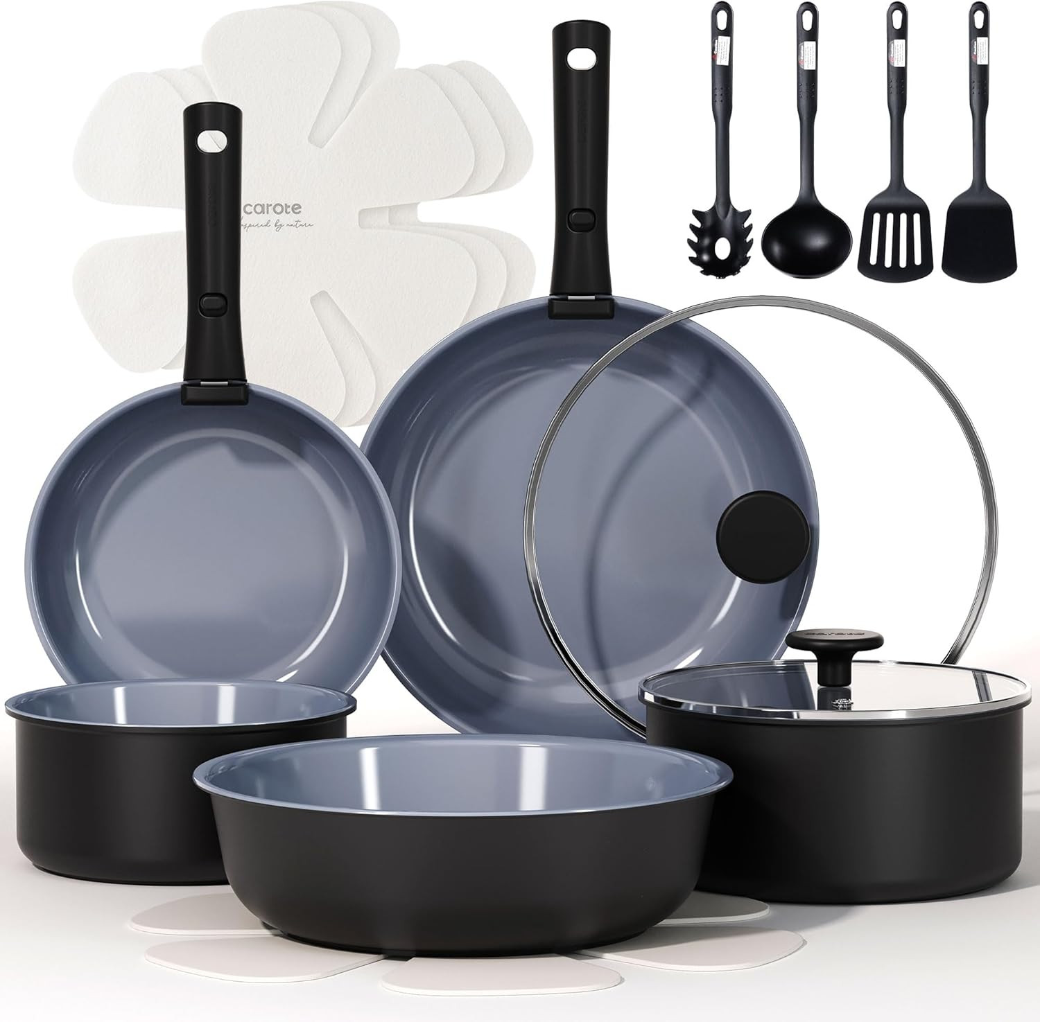 17PCS Ceramic Cookware Sets, Black and Gray, Pots and Pans Set Non Stick Non Tox