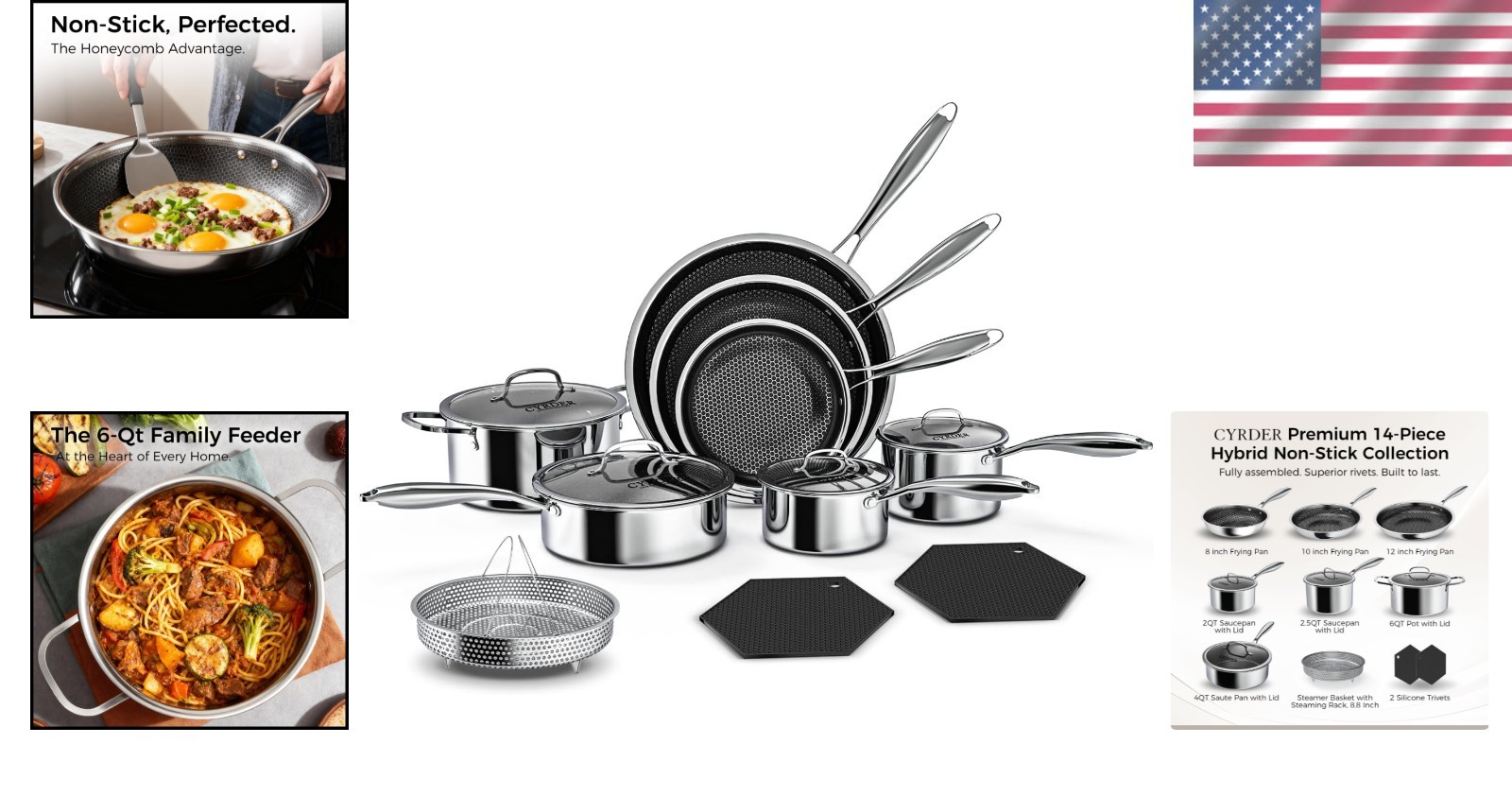 14-Piece PFOA-Free Cookware Set – Hybrid Hex Stainless Steel Essentials