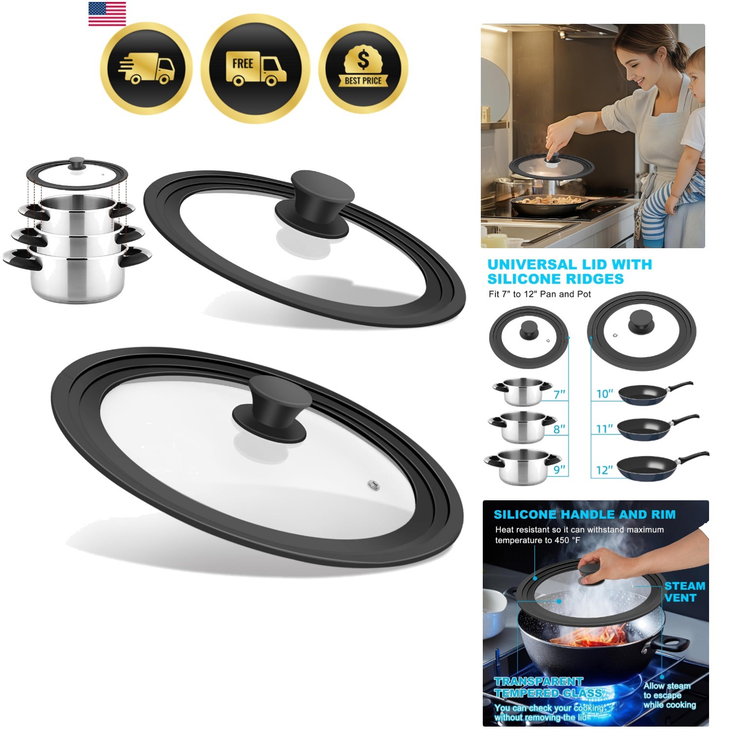 Universal Lids for Pots, Pans and Skillets, Fits 7″, 8″, 9″, 10″, 11″, 12″ Co…
