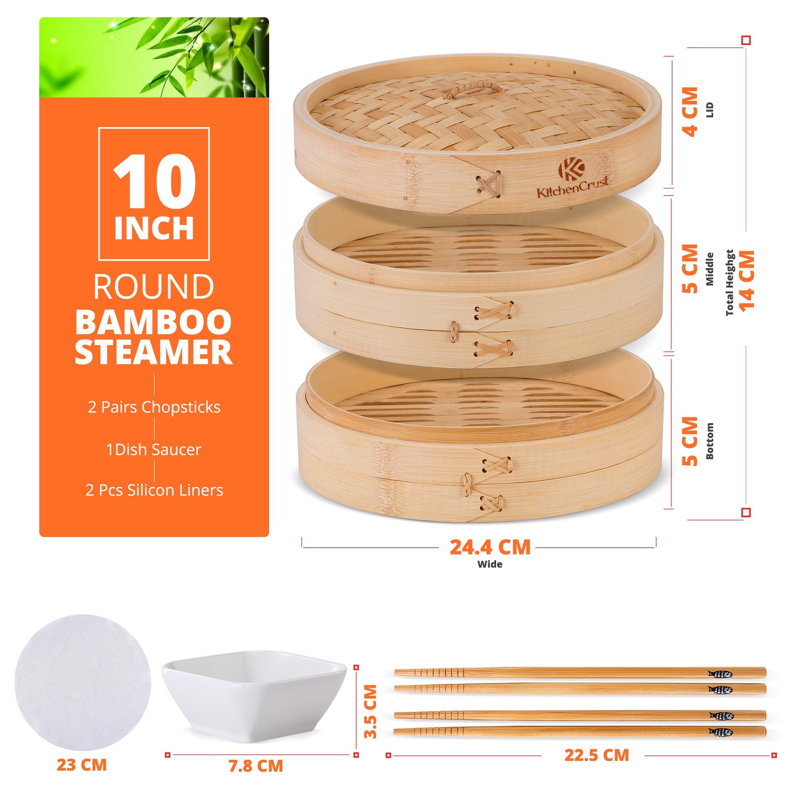 Bamboo Steamer Basket for Chinese Asian Cuisine – 2 Tier 10-Inch Steaming Bas…