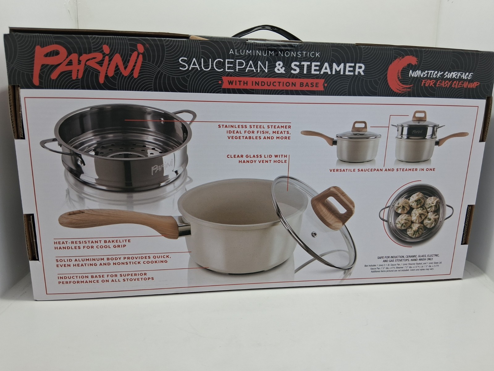 PARINI Aluminum Nonstick Saucepan & Steamer Induction Base Glass Lid 2.1 qt NEW!