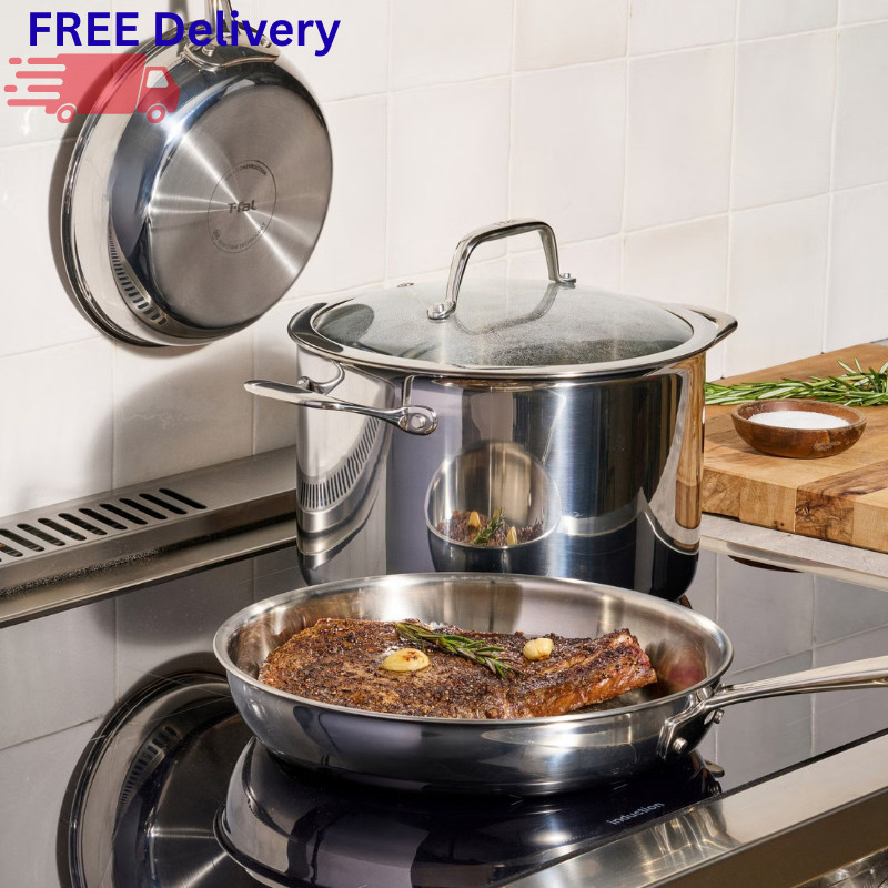 T-fal 13 Piece Tri-Ply Stainless Steel Cookware Set Pots Pans Stockpot Dutch Ove