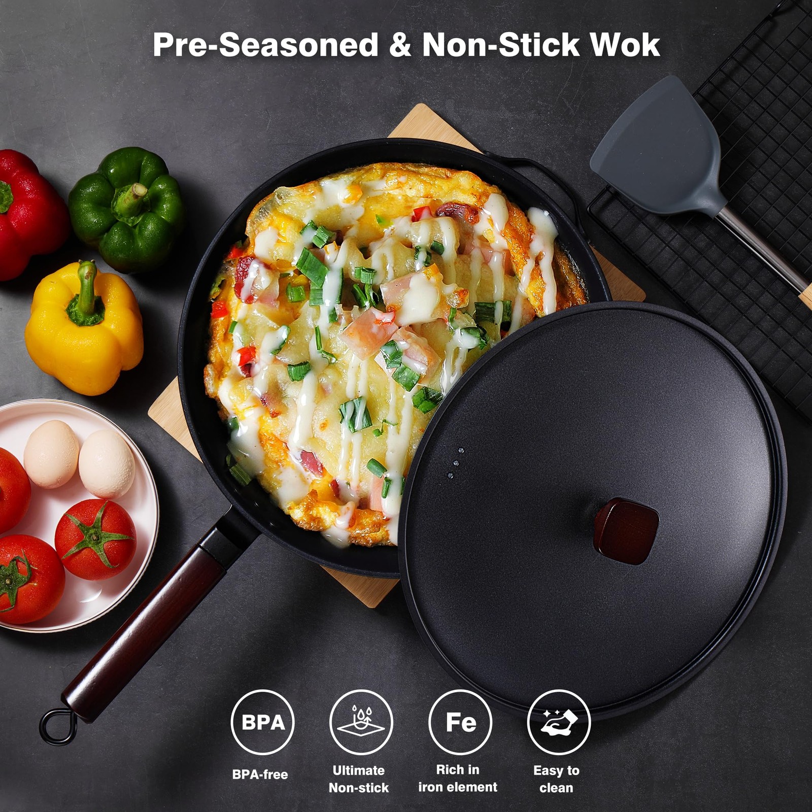 13 Inch Carbon Steel Flat Bottom Wok Pan With Lid Spatula Dish Brush Nonstick