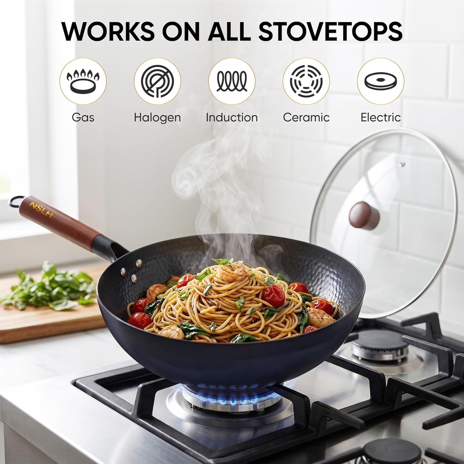 12.6 Inch Carbon Steel Wok Pan with Glass Cover, Pre-Seasoned Nonstick Flat