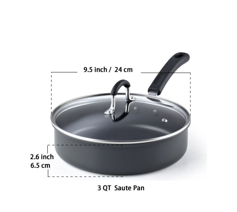 3Qt 9.5in Nonstick Saute Pan Hard Anodized Lid Stay Cool Black Pan