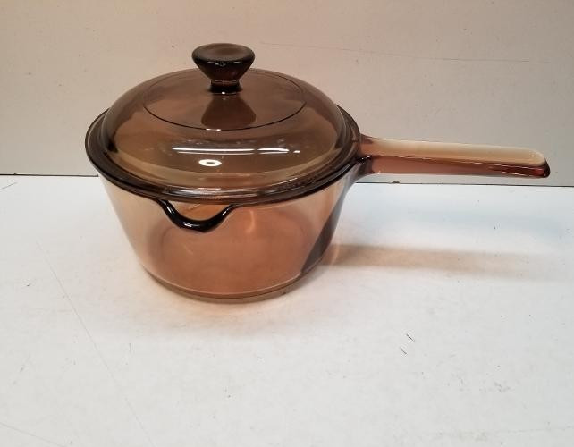 Corning Ware Vision Amber Glass Cookware 1 L Sauce Pot Pan Lid Vintage USA