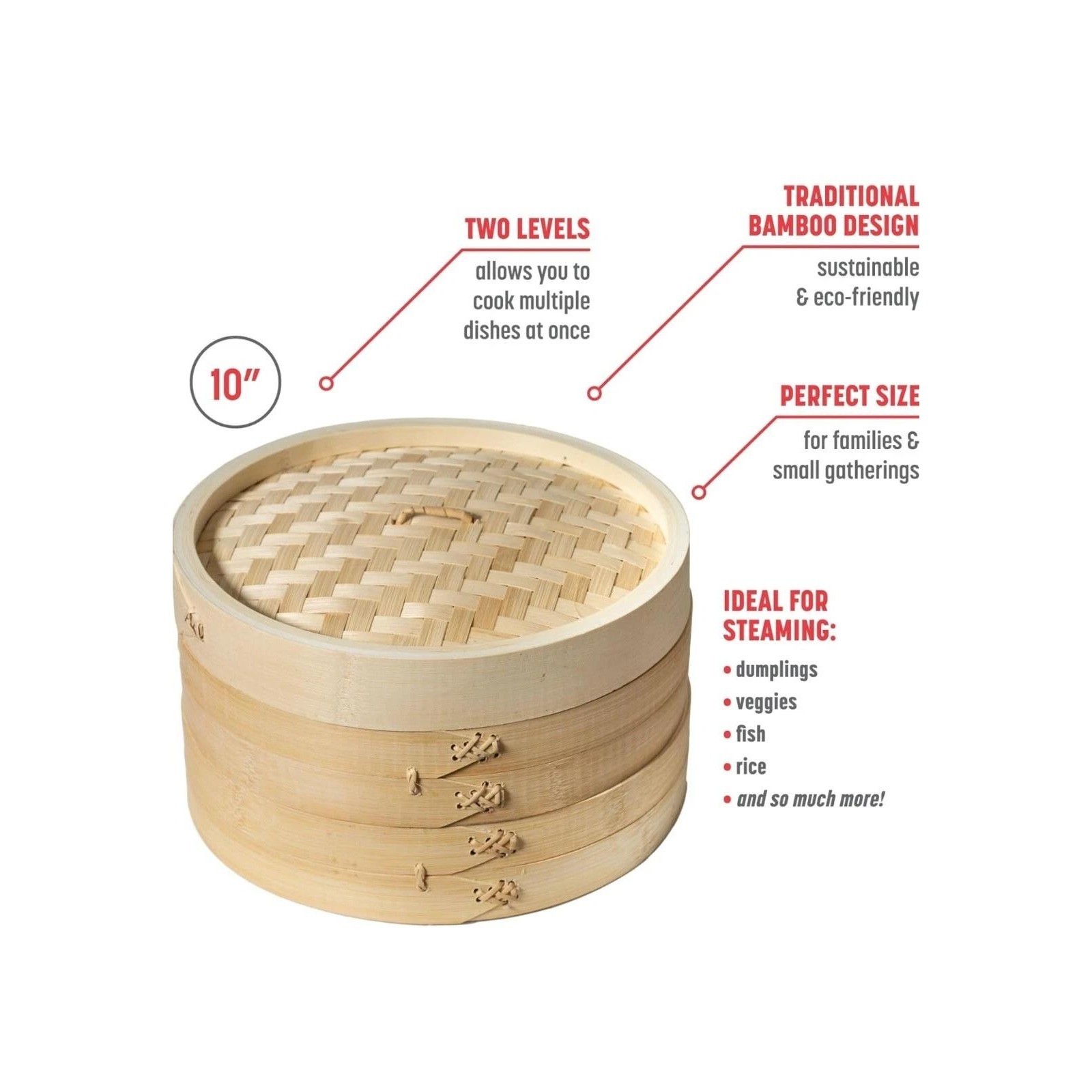 Traditional 10 Inch Bamboo Steamer Basket 2 Tier for Dumplings Buns Vegetables