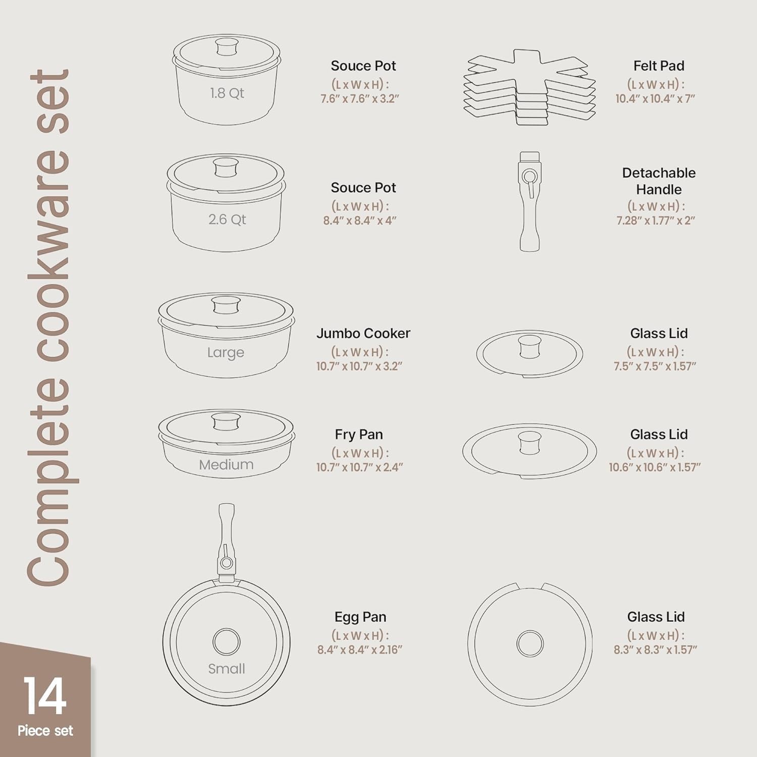 Pots and Pans Set Non Stick Ceramic-Granite – 14-Piece Cookware with Detachable