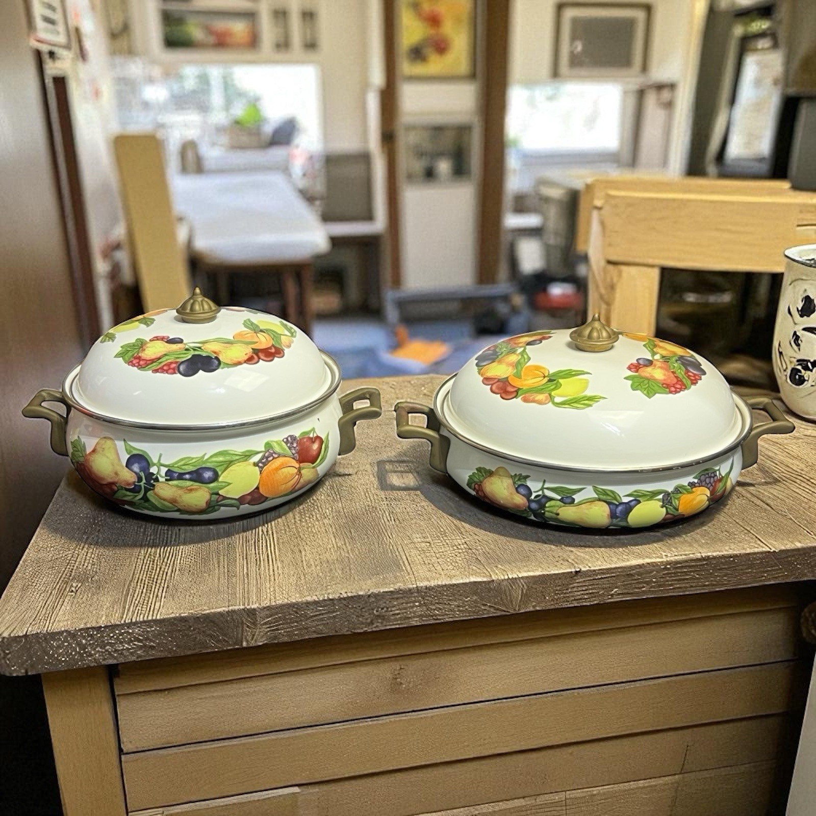 Regency Club Enamel Dutch Oven Set 9” & 10” Fruit Design w/ Brass Lids Vintage