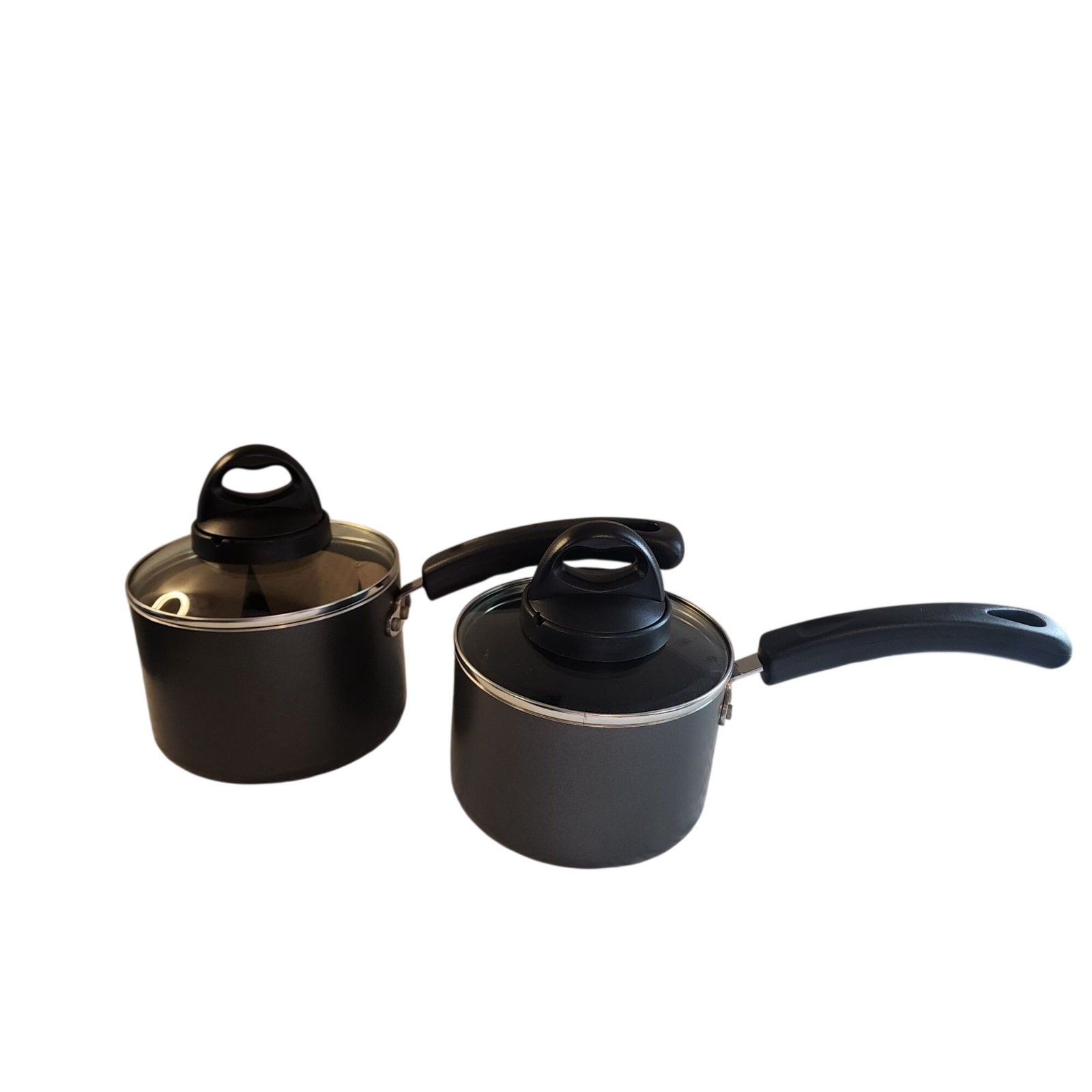 Basic Essentials 1 & 2 Qt pots With Lids Bakelite handles Glass Lids