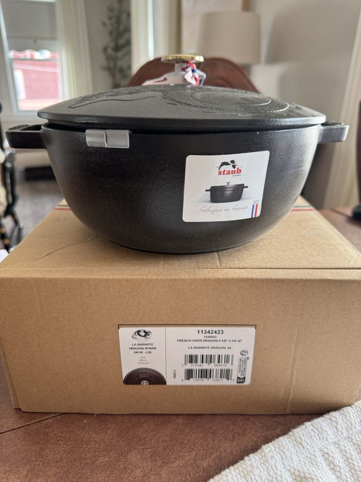 New Staub Cast Iron 3.75 qt, Essential French Oven with Dragon Lid, Black Matte