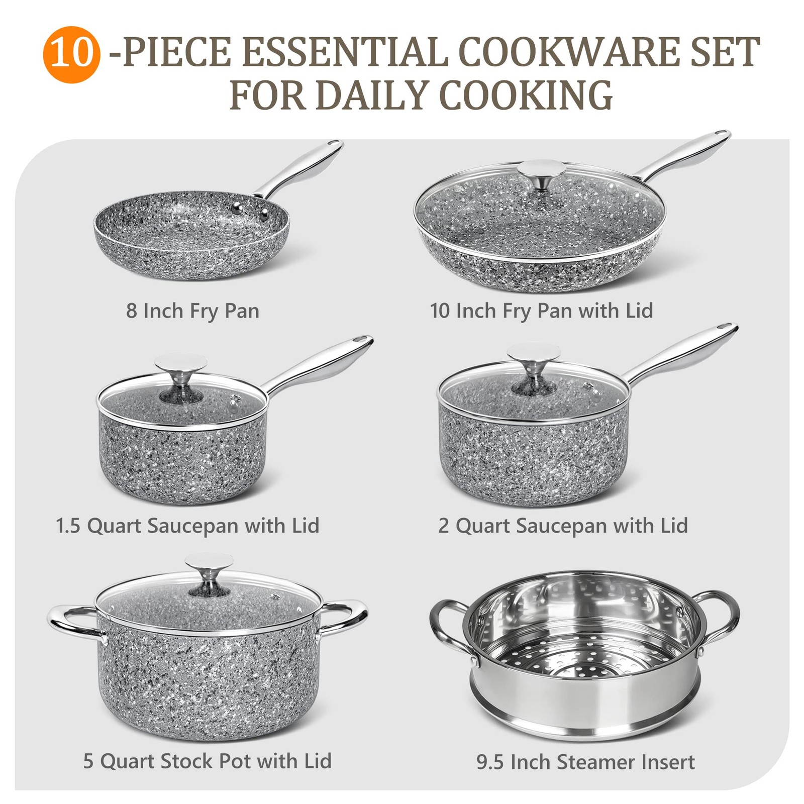 Stone Cookware Set 10 Piece, Ultra Nonstick Pots and Pans Set with Granite Co…