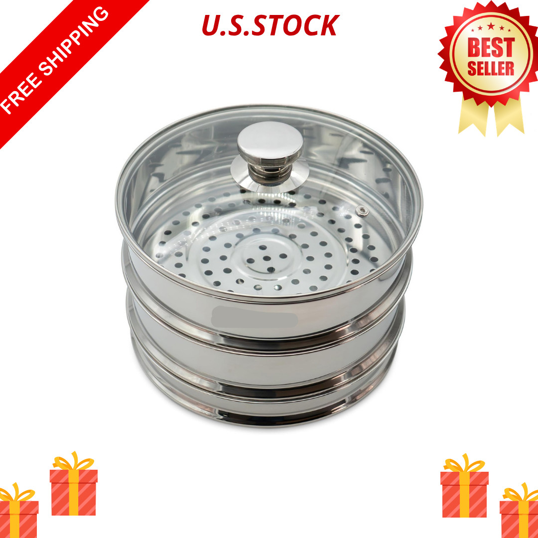 10-Inch Stainless Steel Two-Tier Steamer Glass Lid Wok Ring Safe