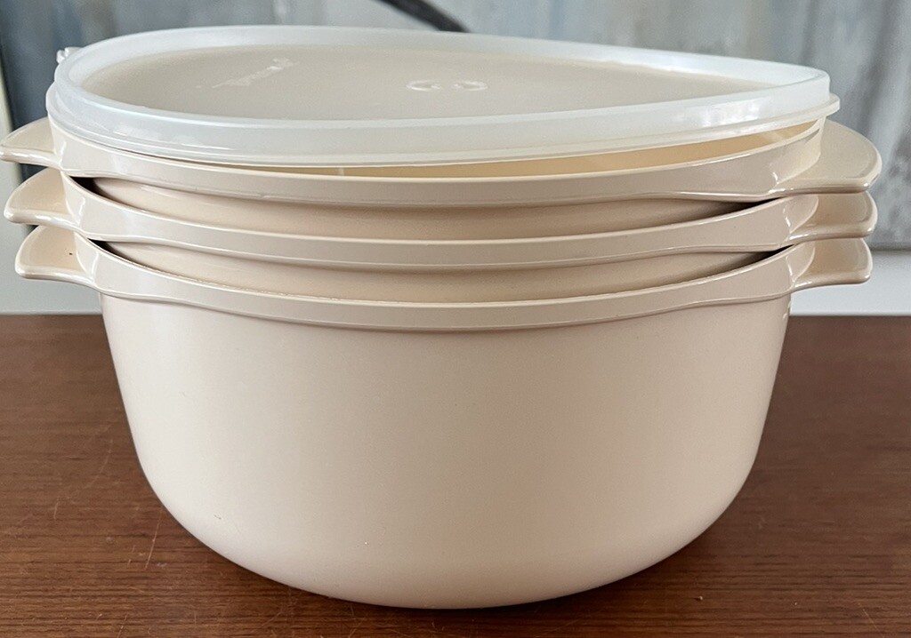 Vintage Tupperware 3 Qt Microwave Stack Cooker Steamer Almond 4 Pcs V GOOD
