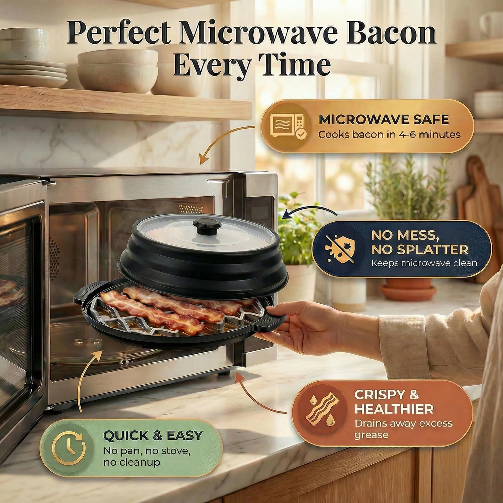 3Piece Microwave Bacon Cooker and Splatter Cover Set Collapsible Microwave L…
