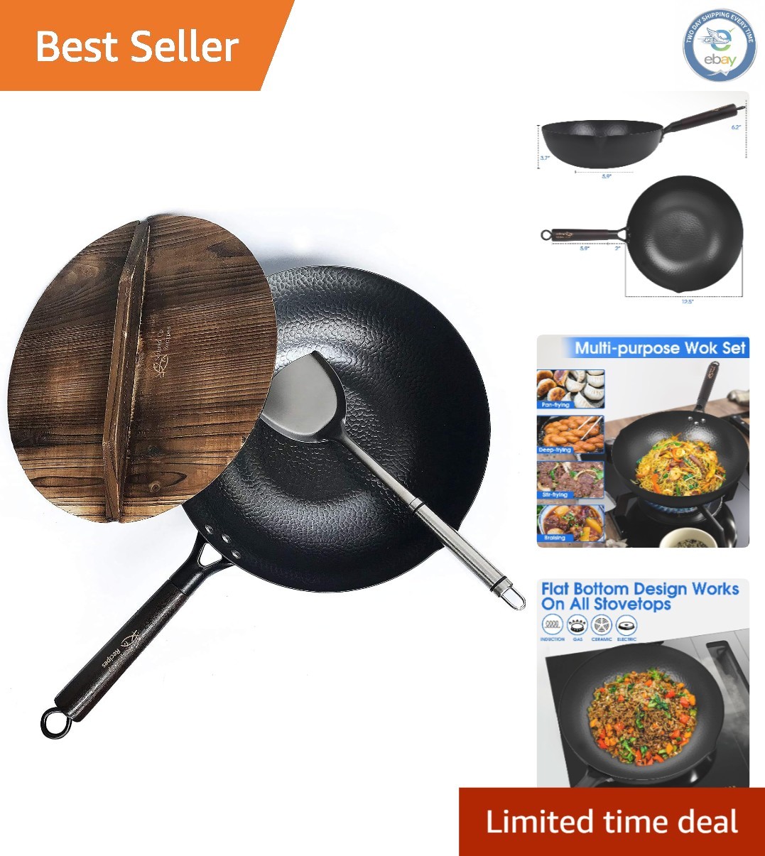 12.5-Inch Pre-Seasoned Carbon Steel Wok with Lid & Spatula for Versatile Cooking