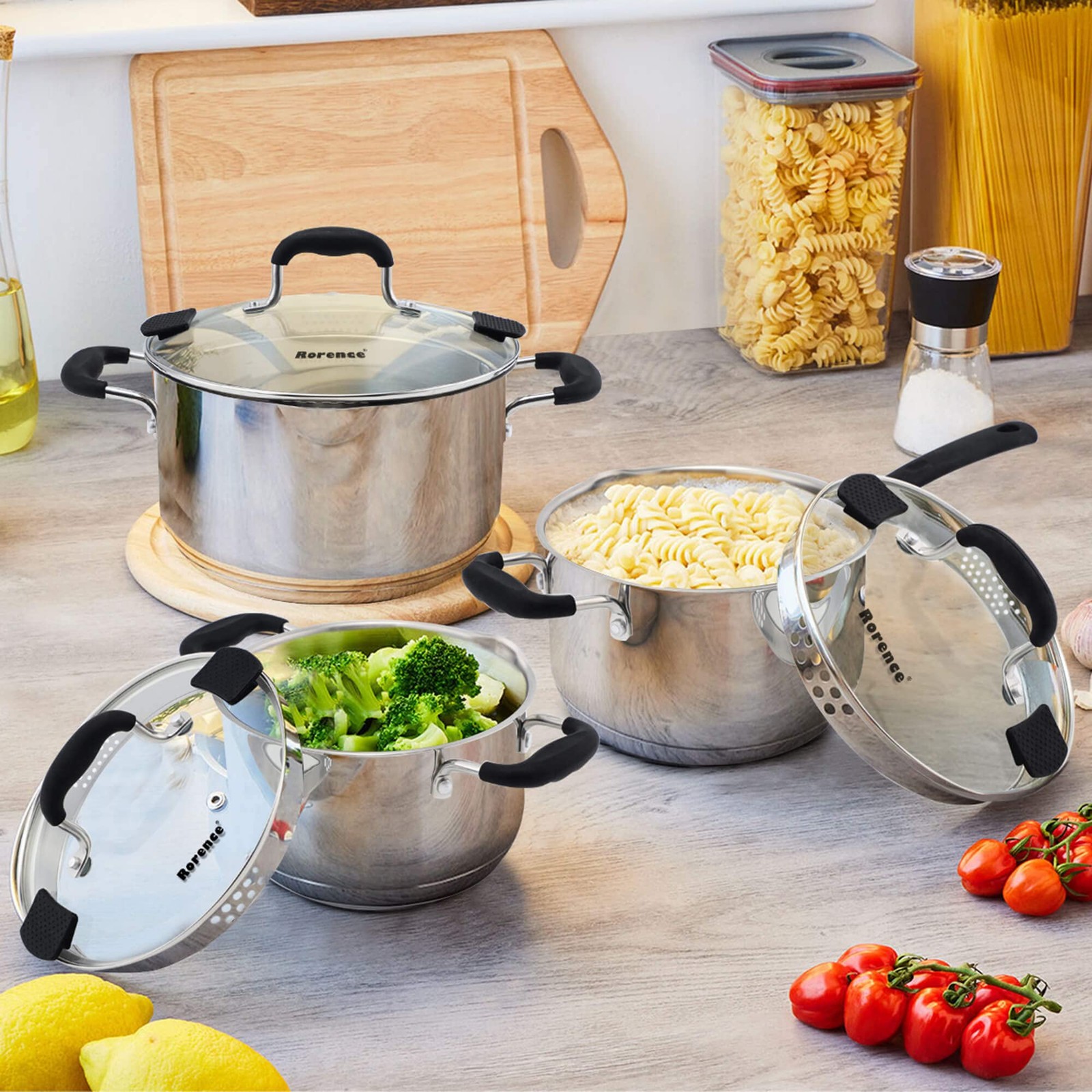 Rorence 3.7 Quart Glass Lid Stainless Steel Sauce Pan Two Sides Pour Silicone