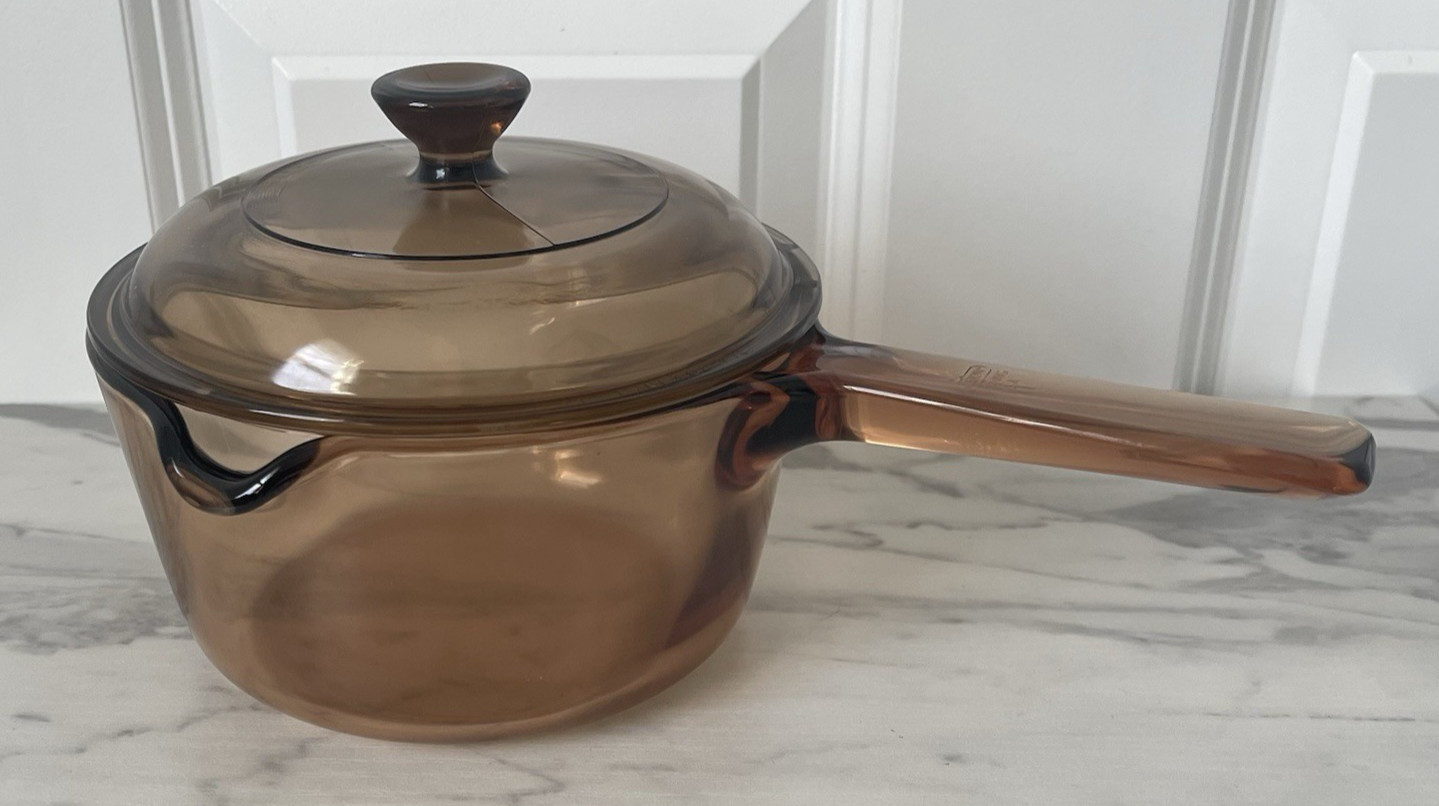 Vintage Pyrex Corning Vision Ware Amber 1L Glass Cooking Pot Spout Lid – USA