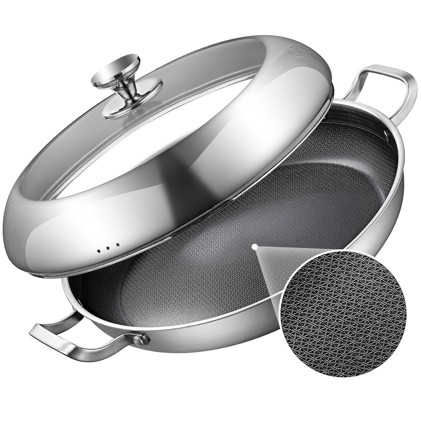 DELARLO Paella Pan With Lid 14 Inch Tri-Ply Large Stainless Steel Nonstick Fr…