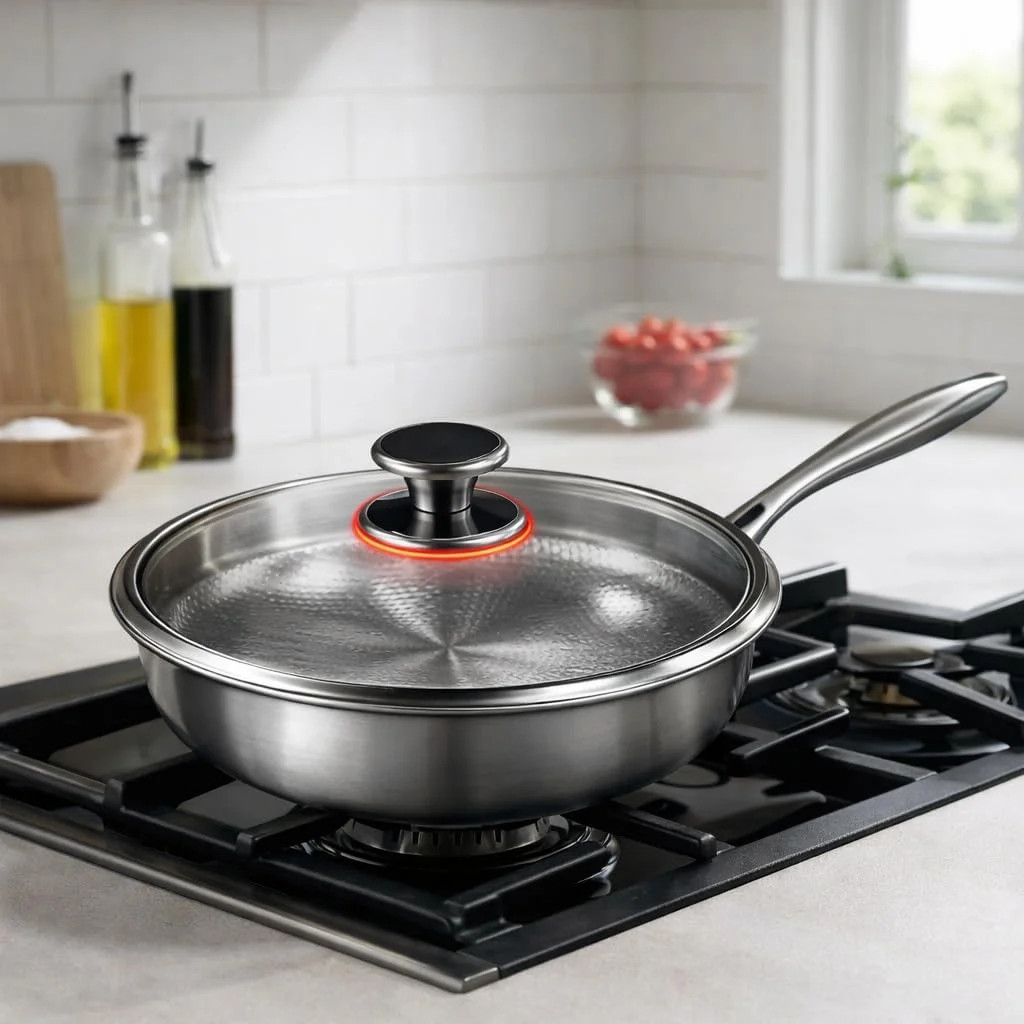 Titanium Frying Pan with Lid, 26cm Professional Stainless Steel Skillet, Nonstic