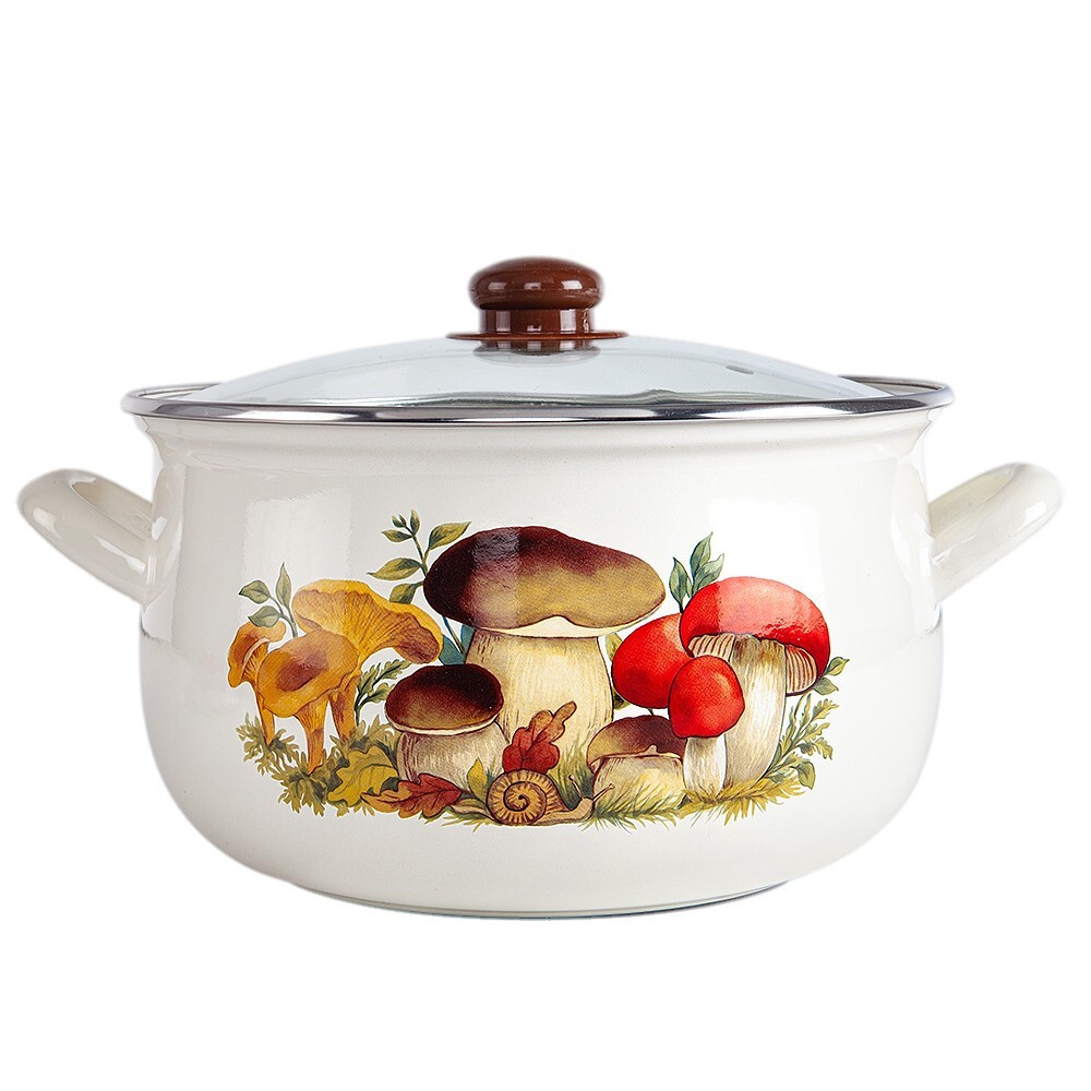 MUSHROOMS Enamelware Stockpot with Glass Lids, Enameled Cooking Pot 6.5 qt