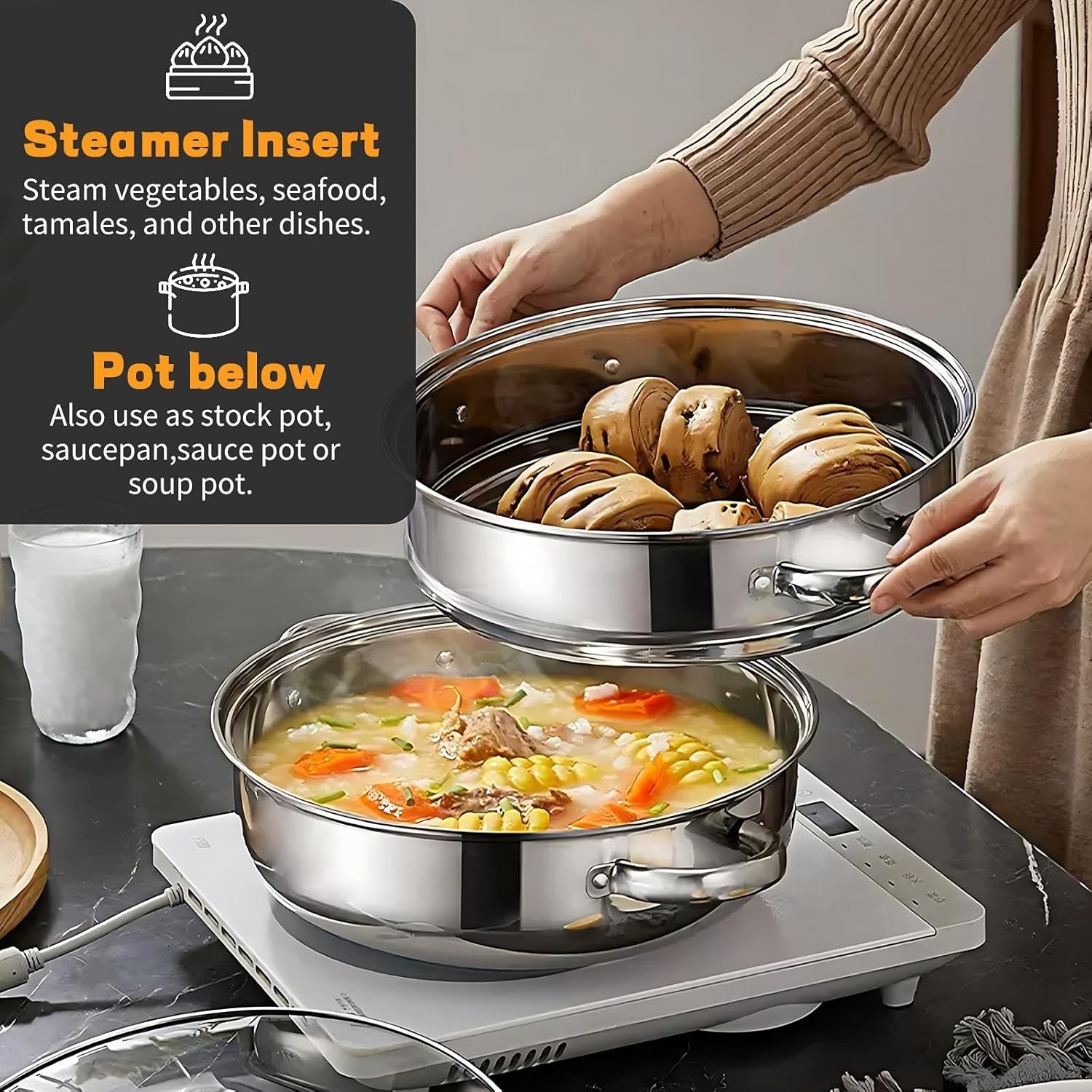 2-Tier 28cm 304 Stainless Steel Steamer Pot with Glass Lid,for Dumplings, Sea…