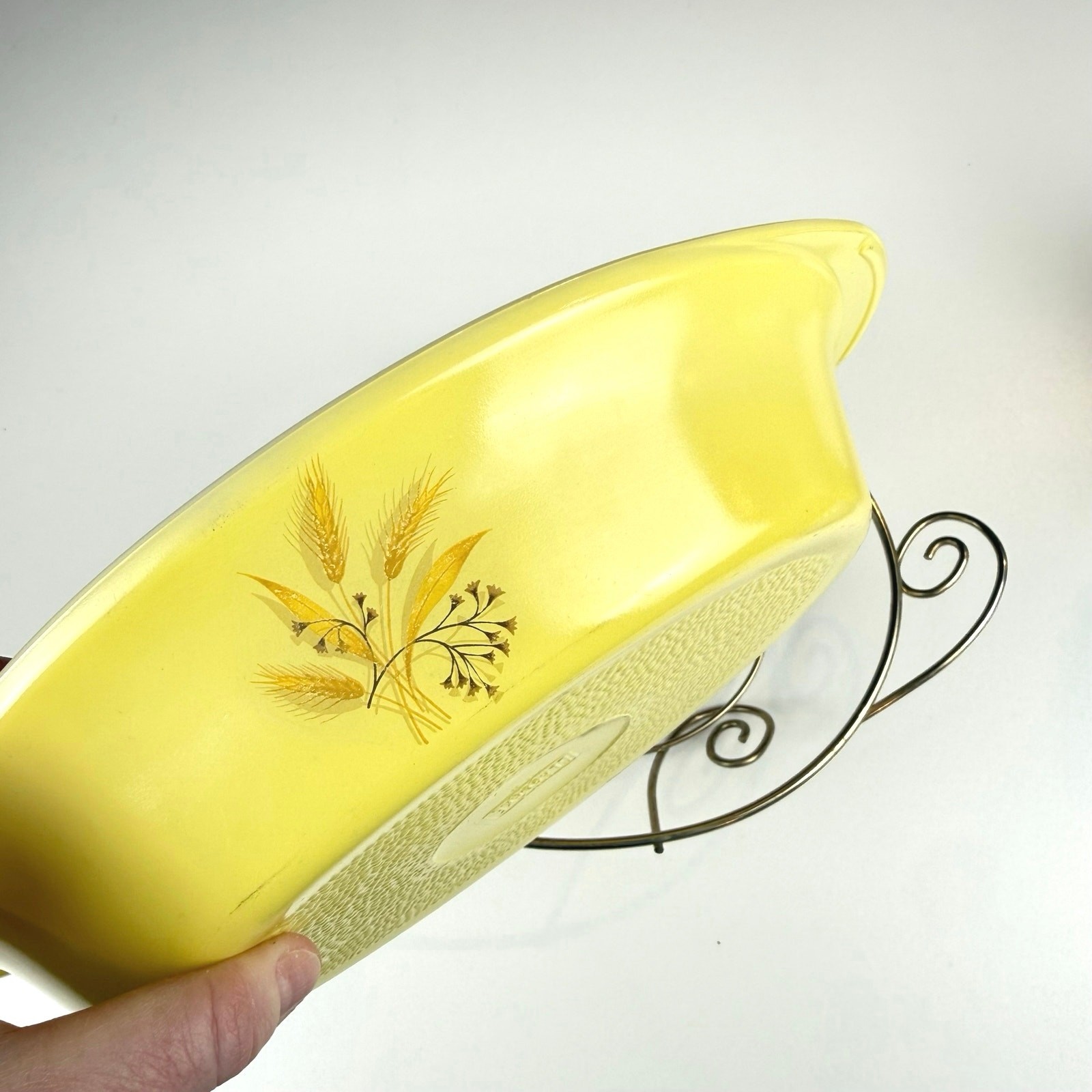 Vintage Glasbake yellow wheat divided casserole dish metal cradle 1960s