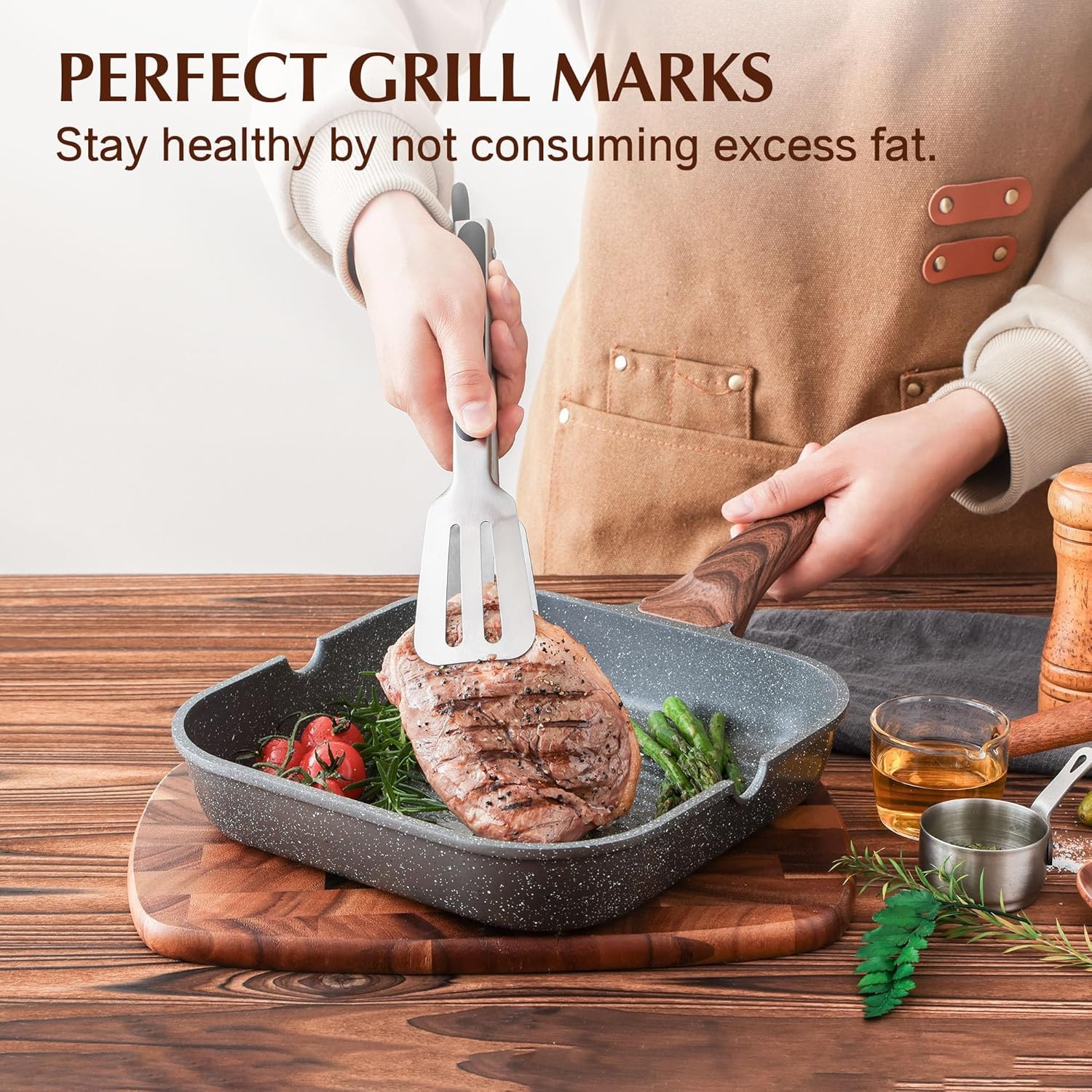 Square Nonstick Grill Pan with Lid Pour Spouts Stovetop Skillet