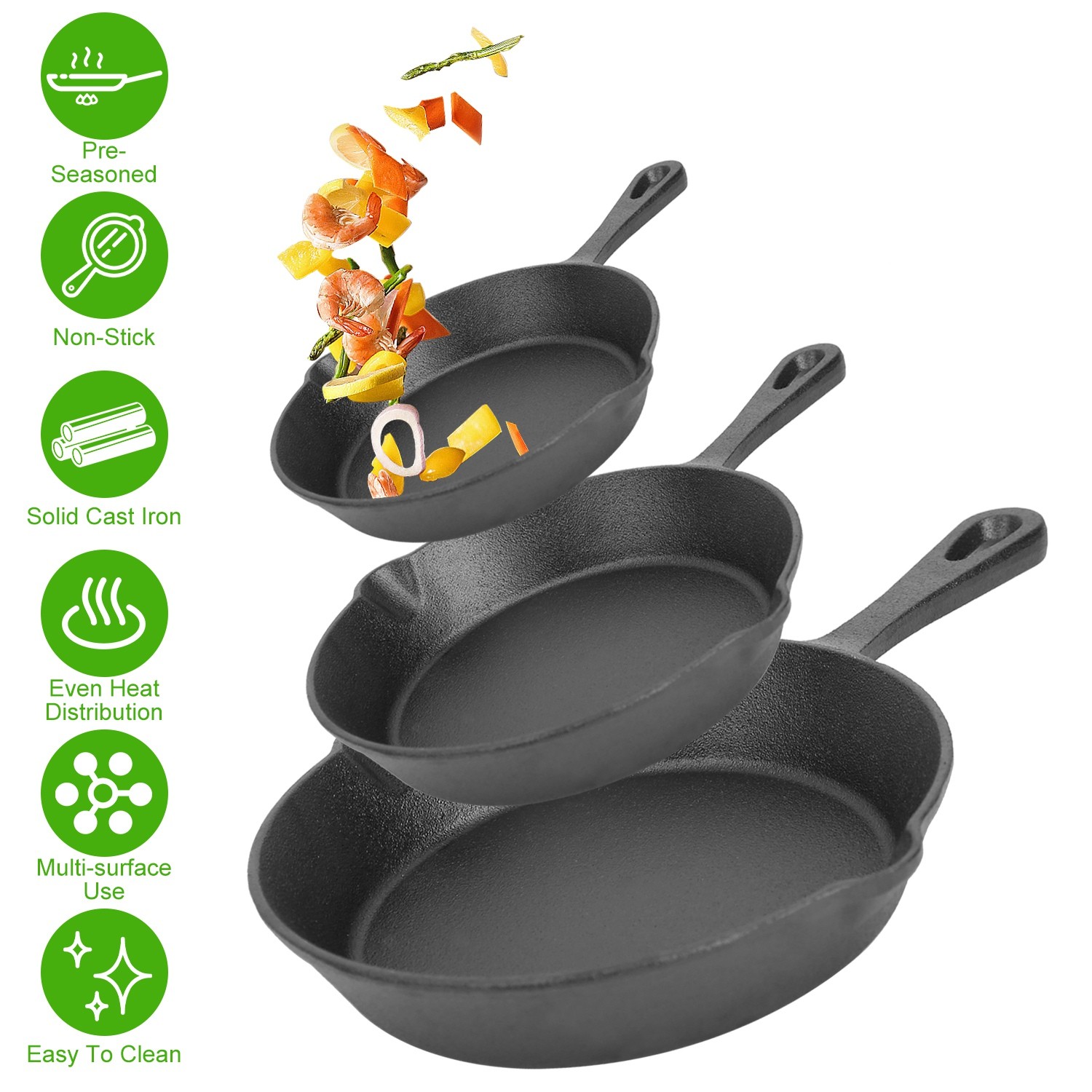 Frying Pan -Set of 3 Cast Iron Skillet w/ 10”/8”/6” Sizes -Nonstick Cookware