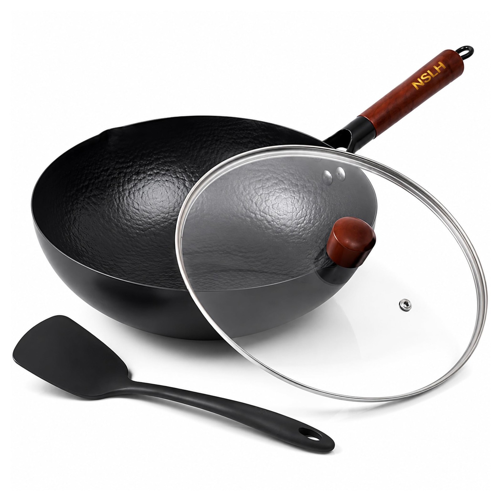 12.6 Inch Carbon Steel Wok Pan with Glass Cover, Pre-Seasoned Nonstick Flat B…
