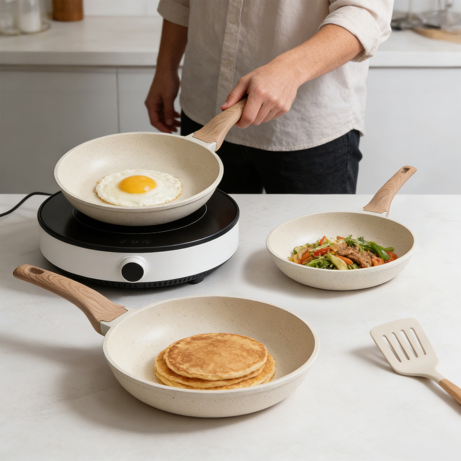 3-Piece Aluminum Nonstick Frying Pan Set Kitchen Healthy Cookware Pan Beige
