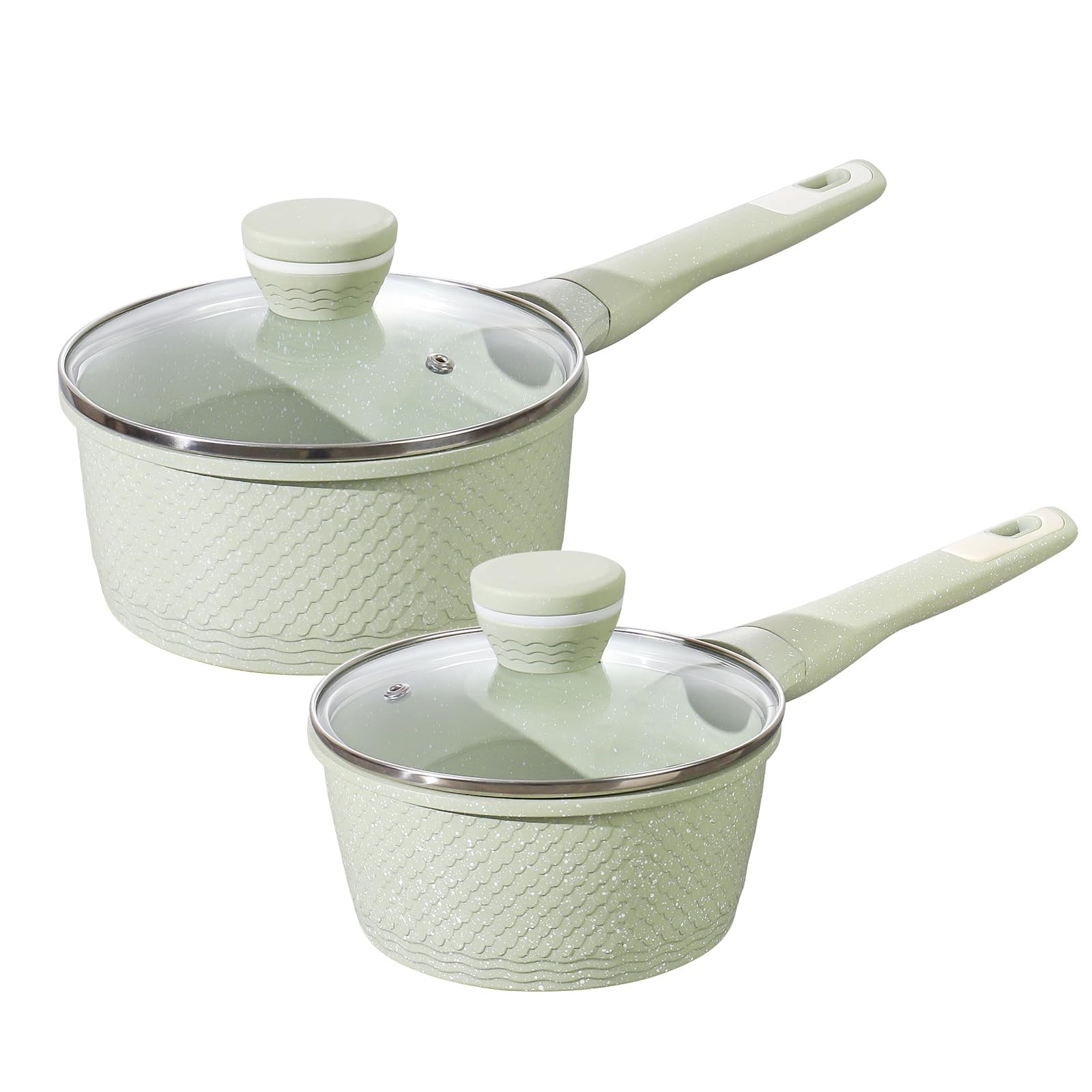 4 Pcs 1.5Qt 2.0Qt Sauce Pan Set Lids Non Stick Green Granite Cooking Pots