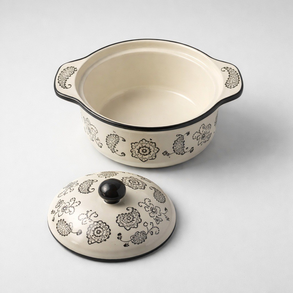 Temp-tations by Tara Paisley Ceramic Casserole Set 2.5QT 1QT Cream Black 5pc