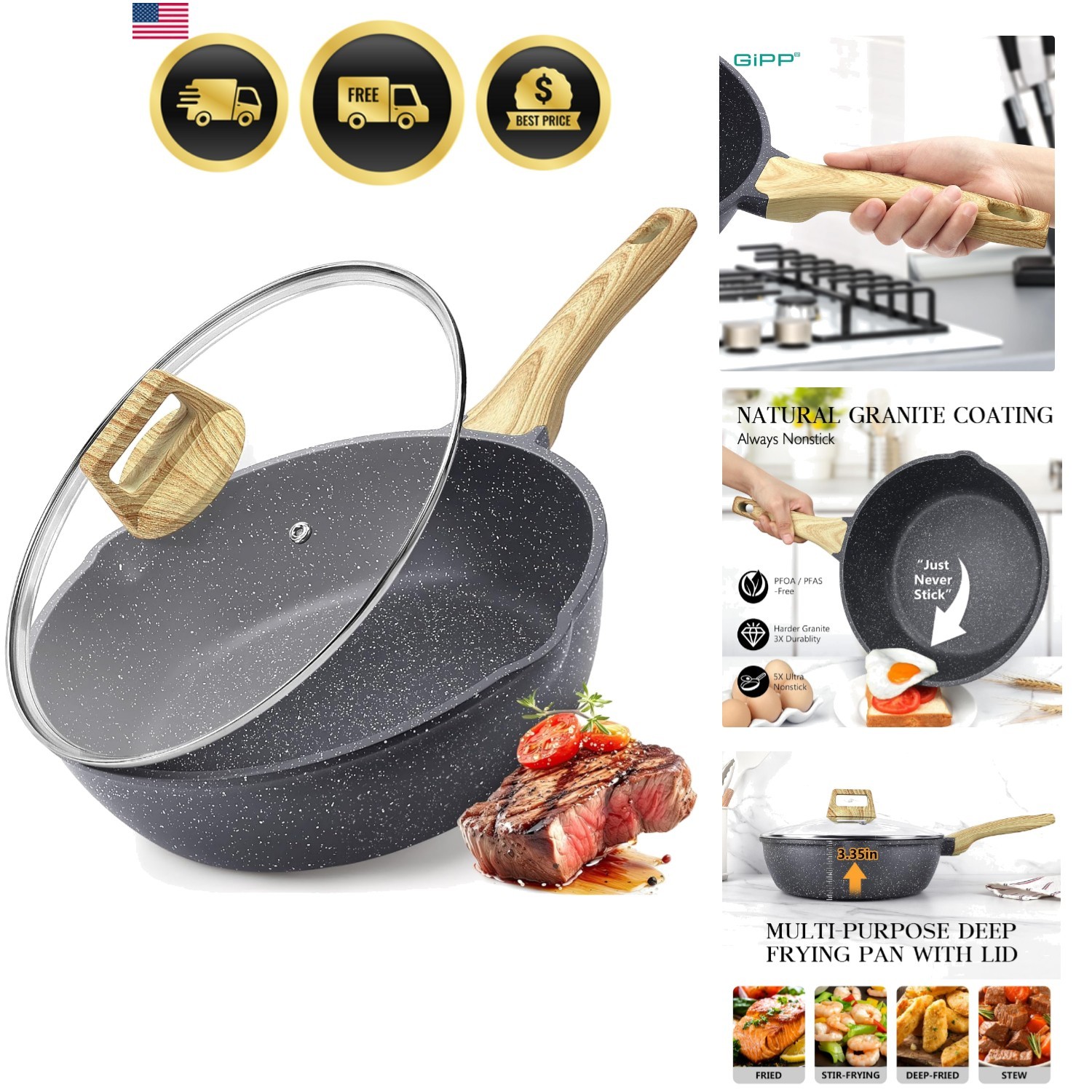 Nonstick Frying Pan 11 Inch Skillet with Lid for Gas Induction Electric Cooktops