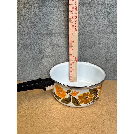 Vintage JMP Capri Spain Enamel Saucepan Yellow Orange Floral Retro 70s MCM Pot