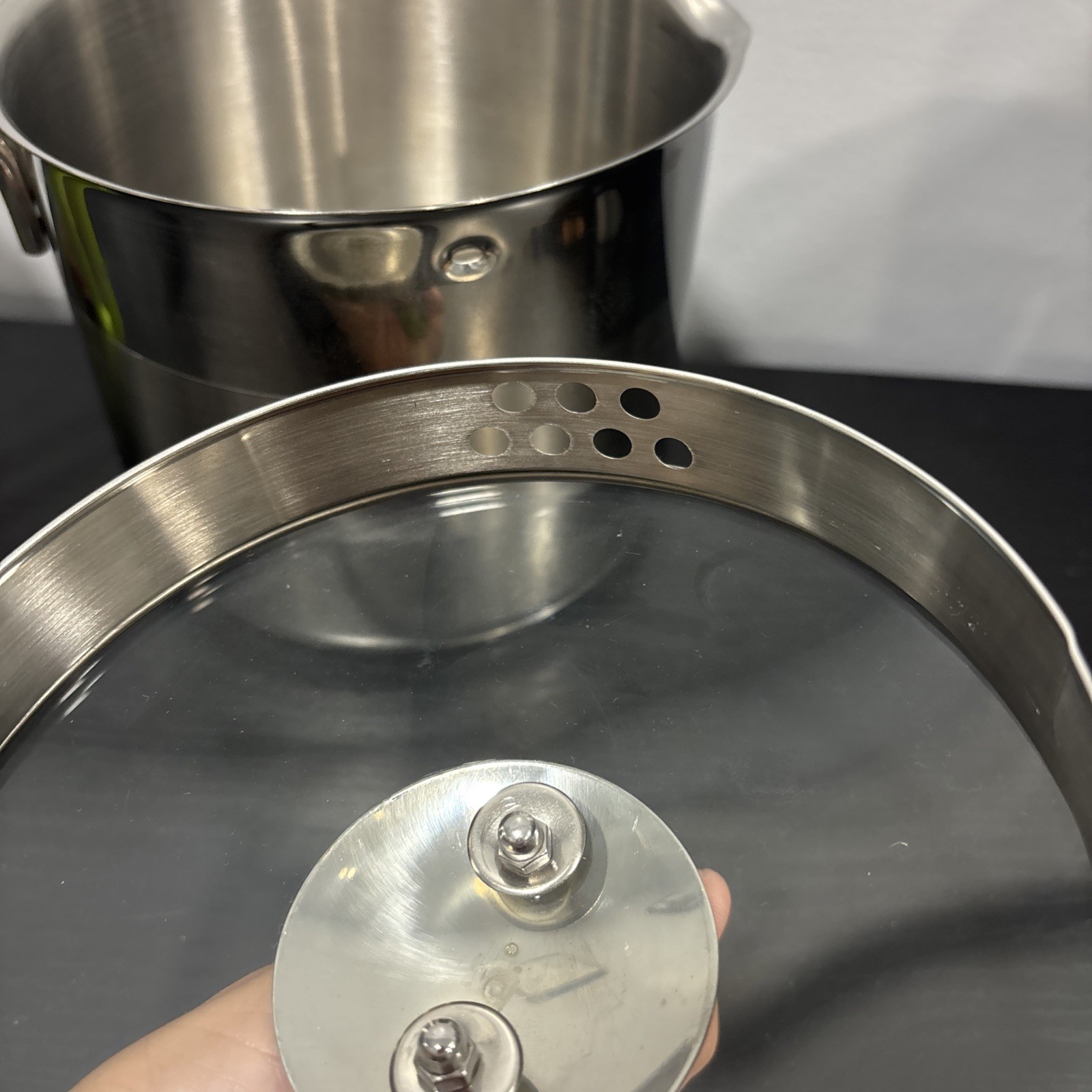 Kuhn Rikon Burner Pot 7 Cup 18/10 Stainless Straining Glass Lid green 2012