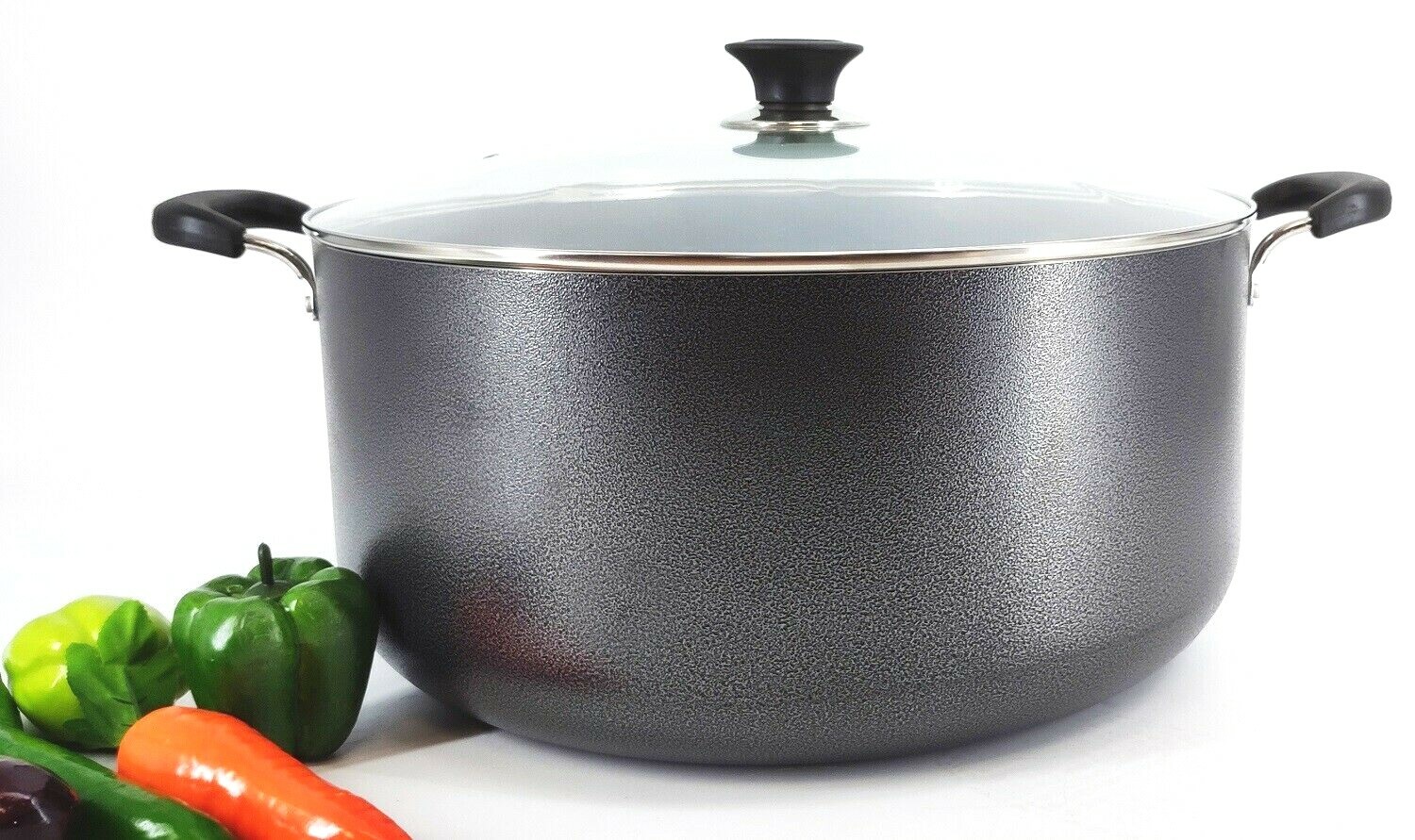 Non Stick Aluminum Stock Pot With Vented Glass Lid 30 Quart, Black