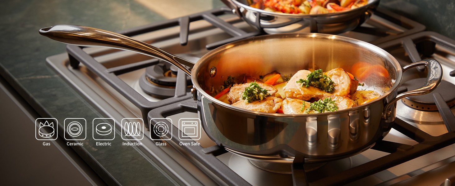 12 Inch/ 4.5 QT 5-Ply Stainless Steel Saute Pan with Glass Lid | Compatible with