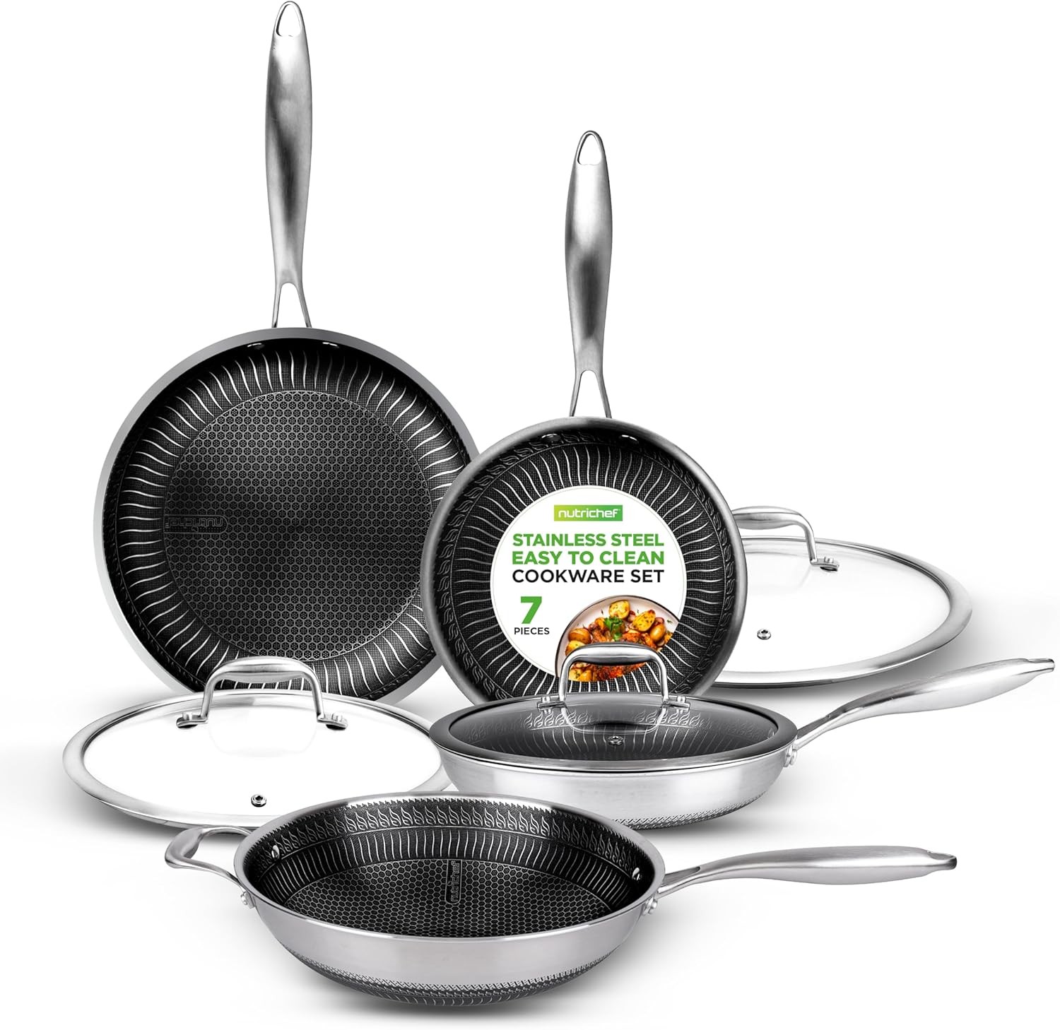 Nutrichef 7 Piece Stainless Steel Cookware Set Non Stick Ergonomic Handles