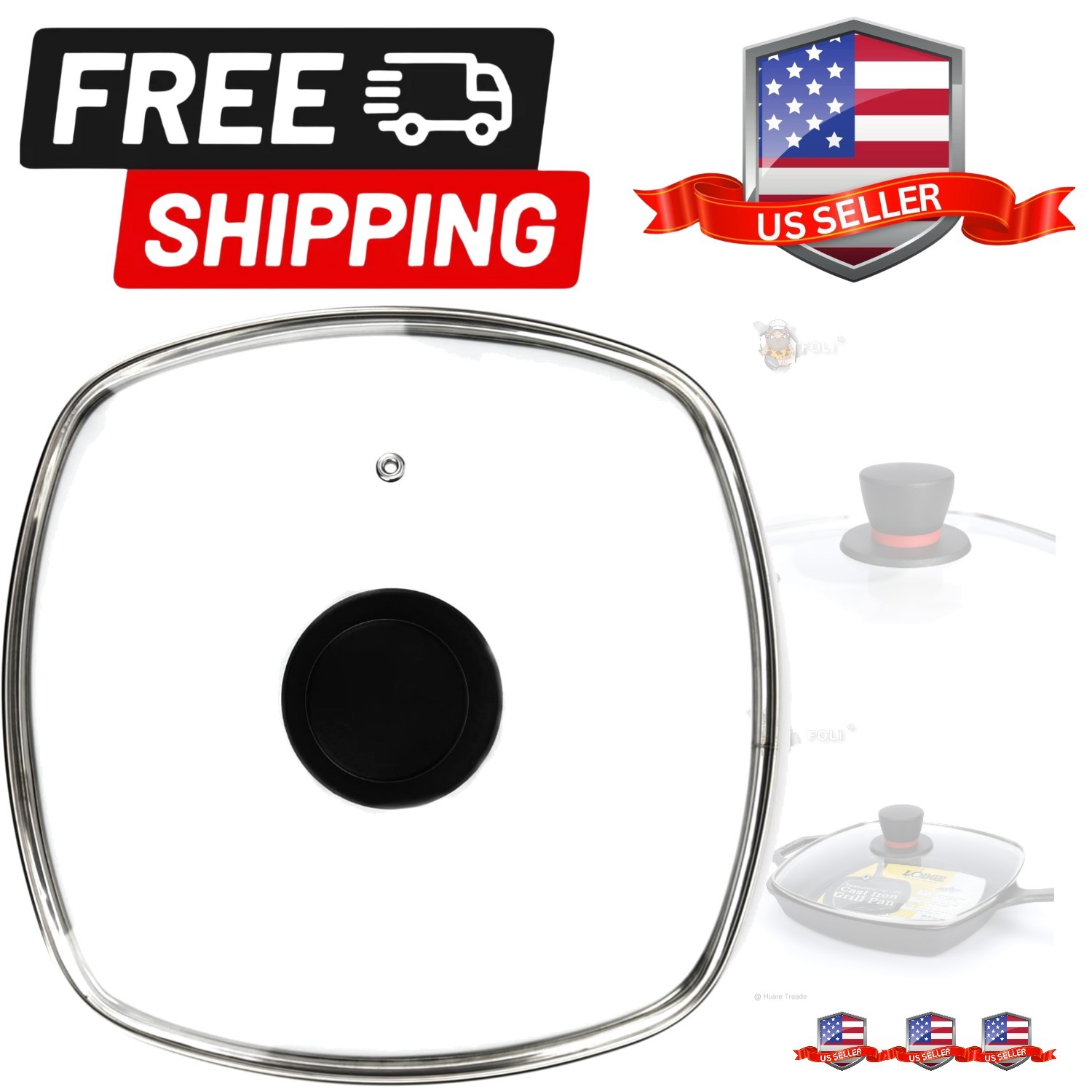 Square Glass Lid for Grill Pans with Steam Vent Hole – Fits Lodge Cast Iron S…