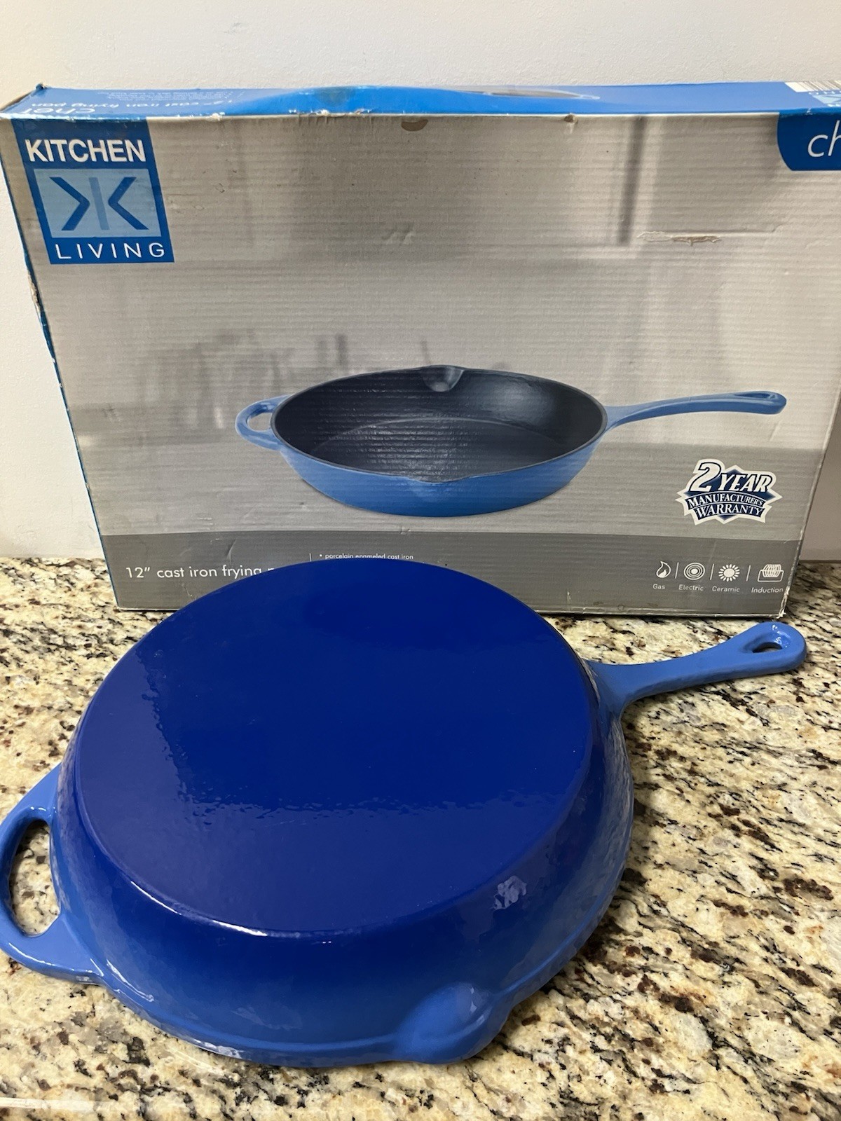 Kitchen Living Chef 12” Cast Iron Porcelain Enameled Frying Pan Blue
