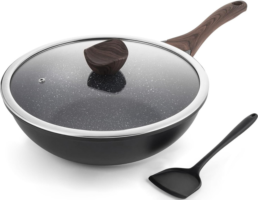 Wok Antiadherente 12” con Tapa Granito Inducción Apto Todo Cocina, Nuevo