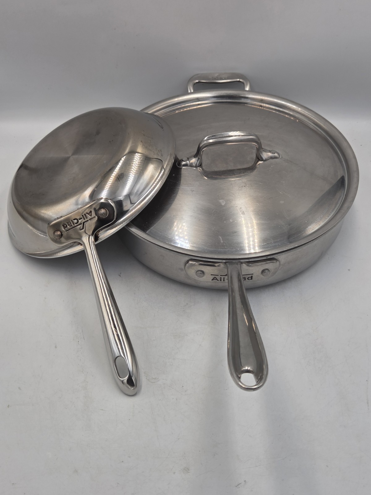 Lot Of 2 ALL CLAD Stainless Steel Saute Fry Pans 8″ and 11″ Very Nice U.S.A