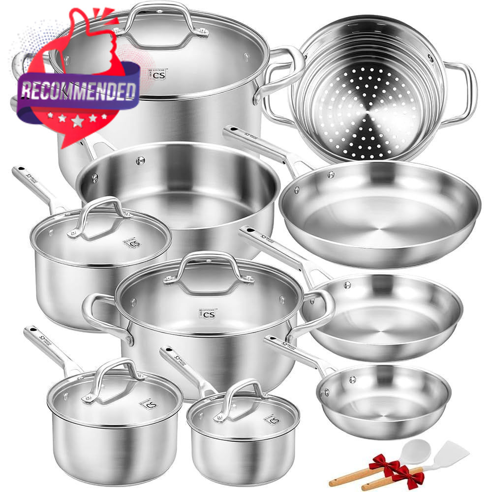 Stainless Steel Cookware Set 17 Piece, Professional 18/10 Stianless Steel Pots