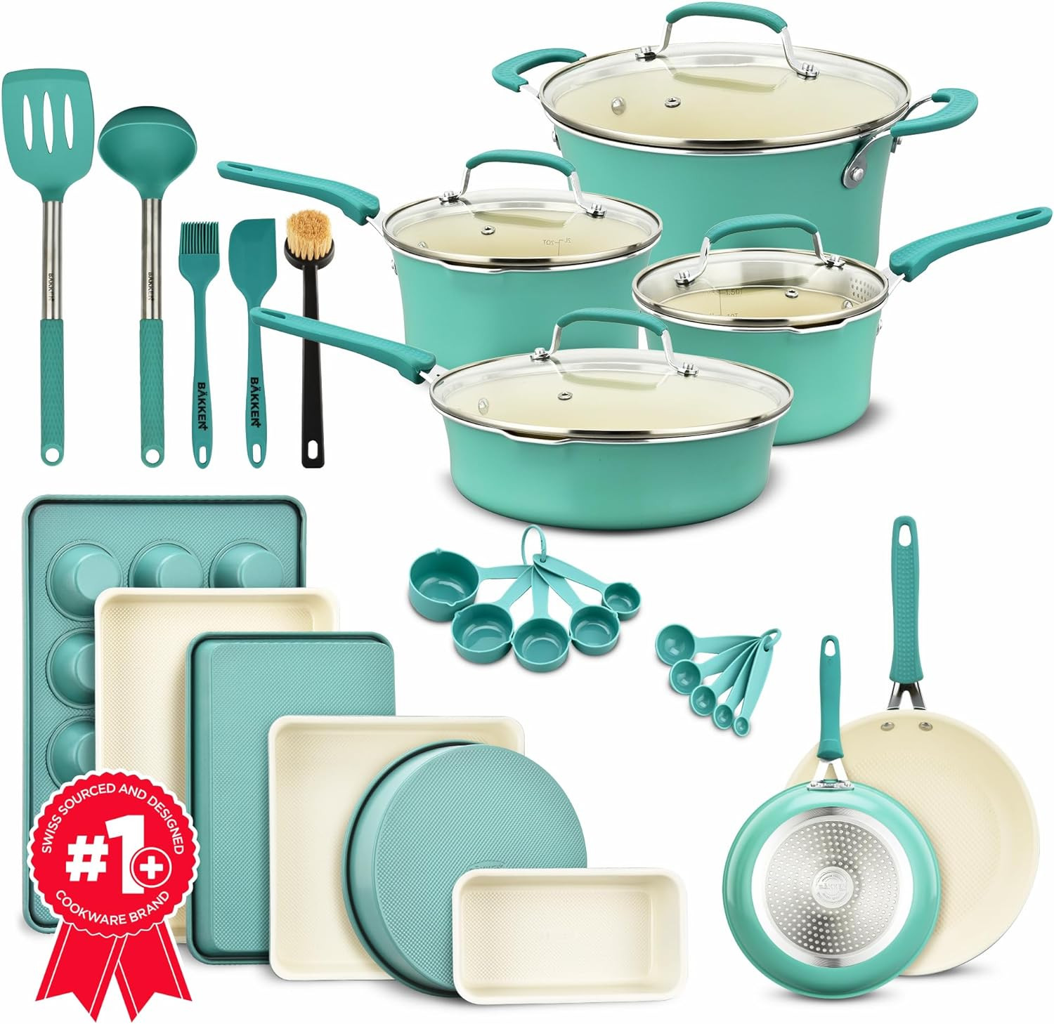 Cookware Set – 23 Piece –Aqua Multi-Sized Cooking Pots with Lids, Skillet Fry Pa