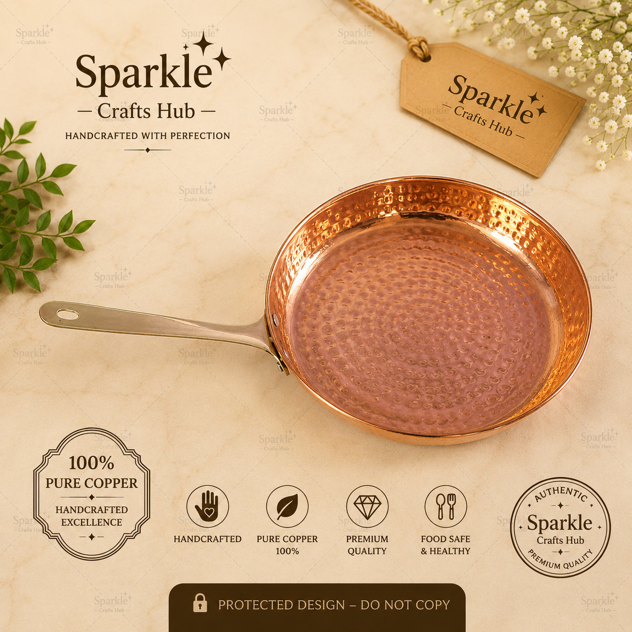 Pure Copper Fry Pan, Tadta Pan Kitchware, Homeware Tableware With 2 Serving Bowl