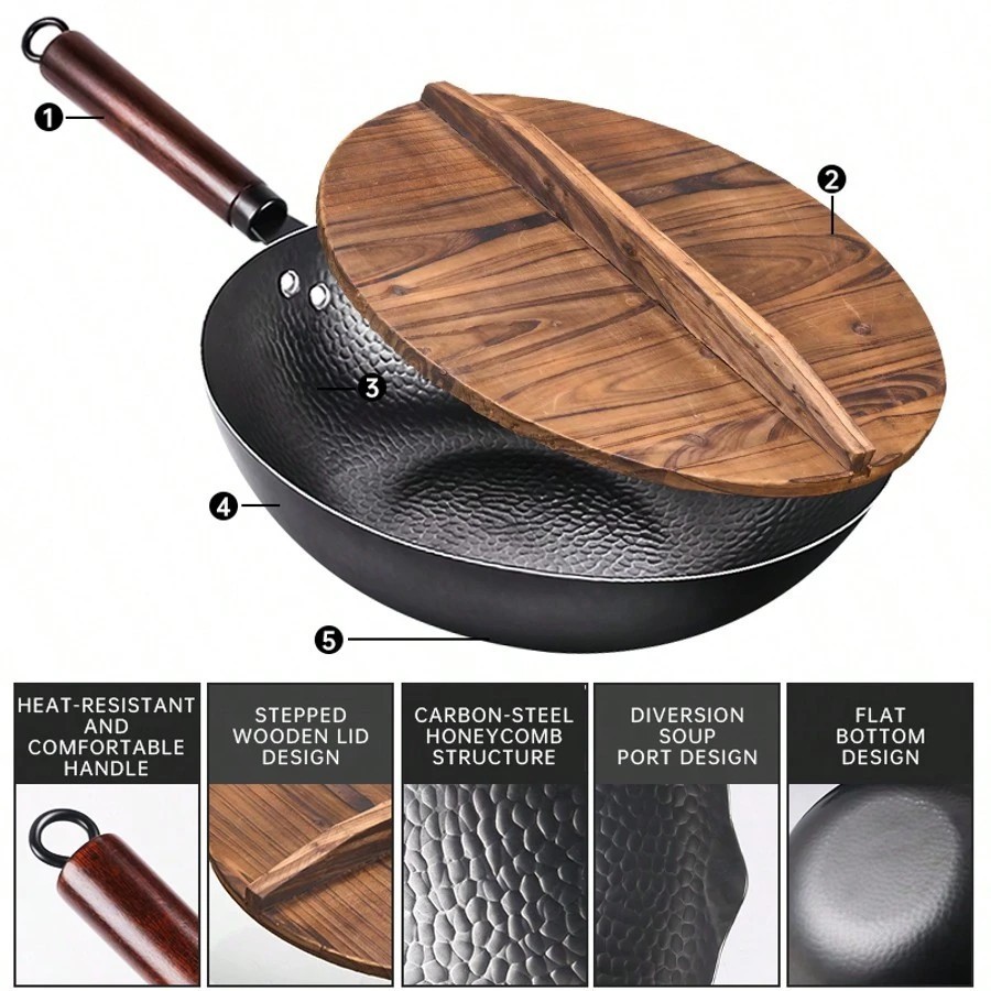 TIROTO 12.6″ Carbon Steel Wok Set 11pc Stir Fry Pan with Lid Induction Gas NEW