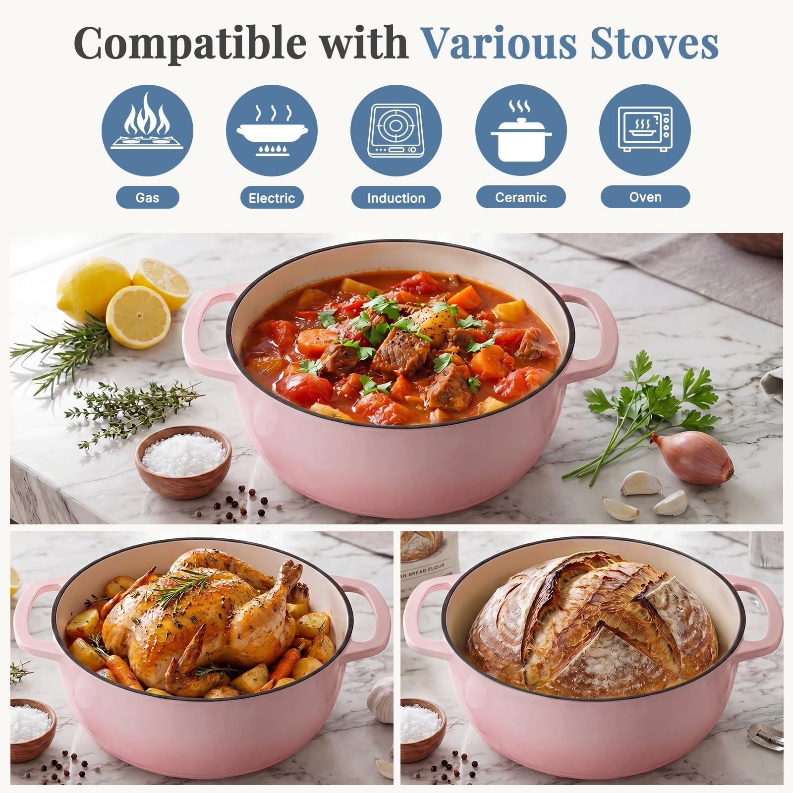 DUMOS 6 Qt Cast Iron Dutch Oven,w/ Lid&Dual Handles,Enameled Heavy Duty Cookware