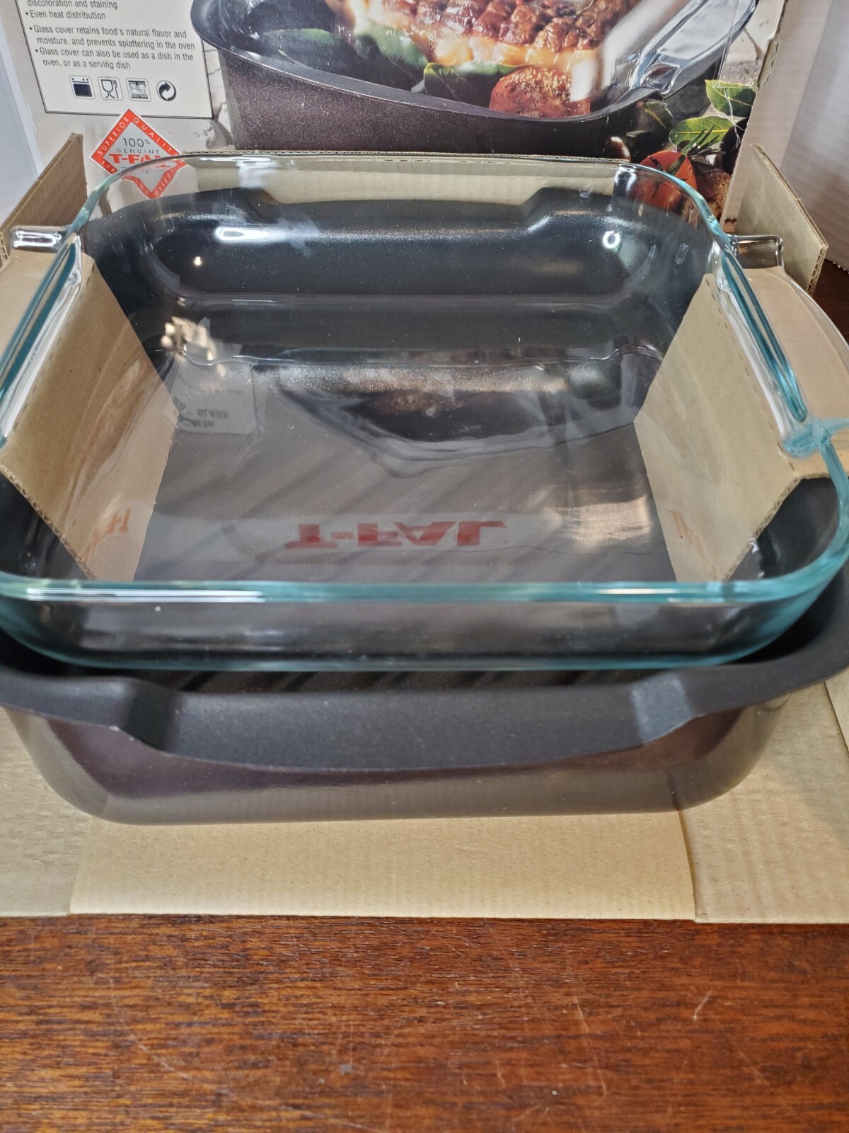 T-Fal Non-Stick 9 3/4″ x 9 3/4″ Square Enamel Health Roaster w/ Glass Cover EUC!